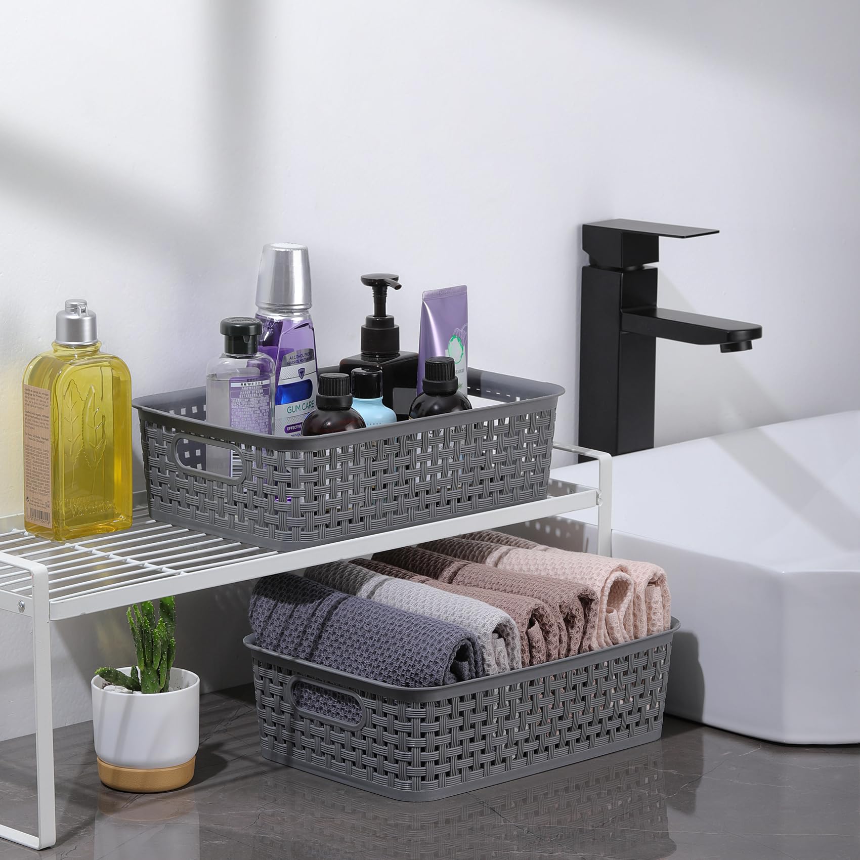 NETANY [ 8 Pack ] Plastic Storage Baskets - Small Pantry Organization and Storage Bins - Household Organizers for Laundry Room  Bathrooms  Bedrooms  Kitchens  Cabinets  Countertop  Under Sink or On Shelves Gray