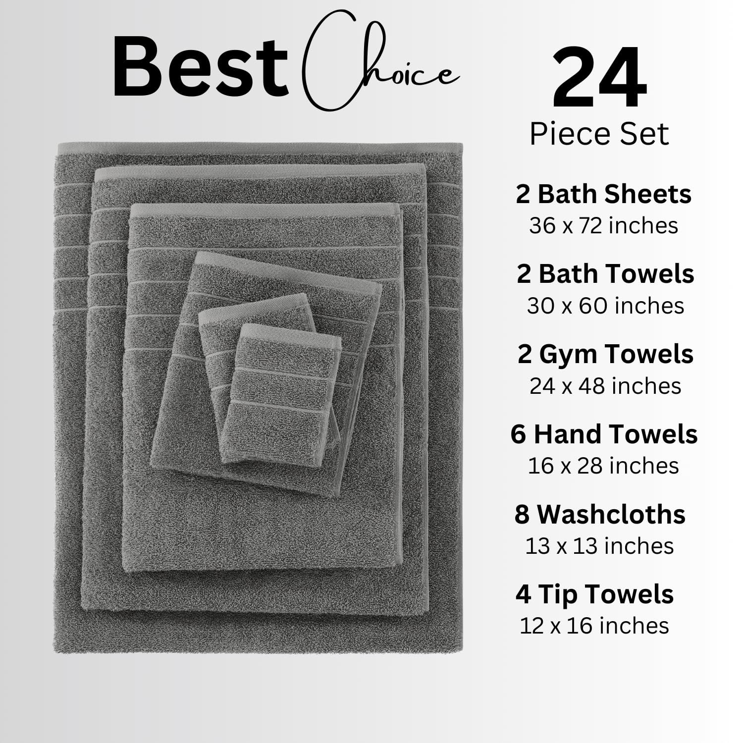 Casa Platino 24 Piece 100% Cotton Towel Set, 2 Bath Sheets, 2 Large Bath Towels(30''X 60''), 2 Gym Towels(24'' X48''), 6 Hand To