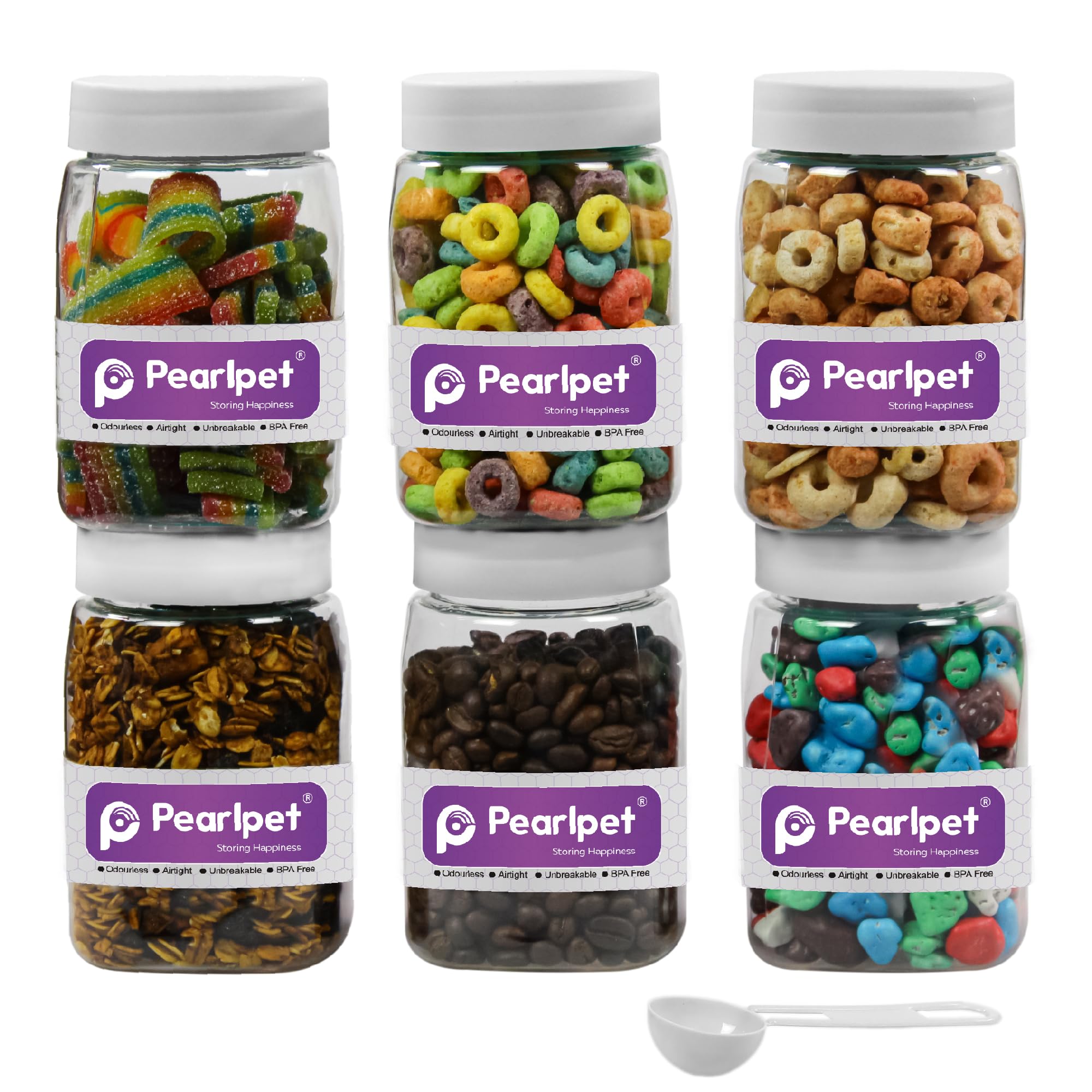 Pearlpet Space Saver Container Set For Kitchen Storage Set With Plastic White Lid And Spoons, 400 Ml Set Of 6 Pieces With 6 Spoo
