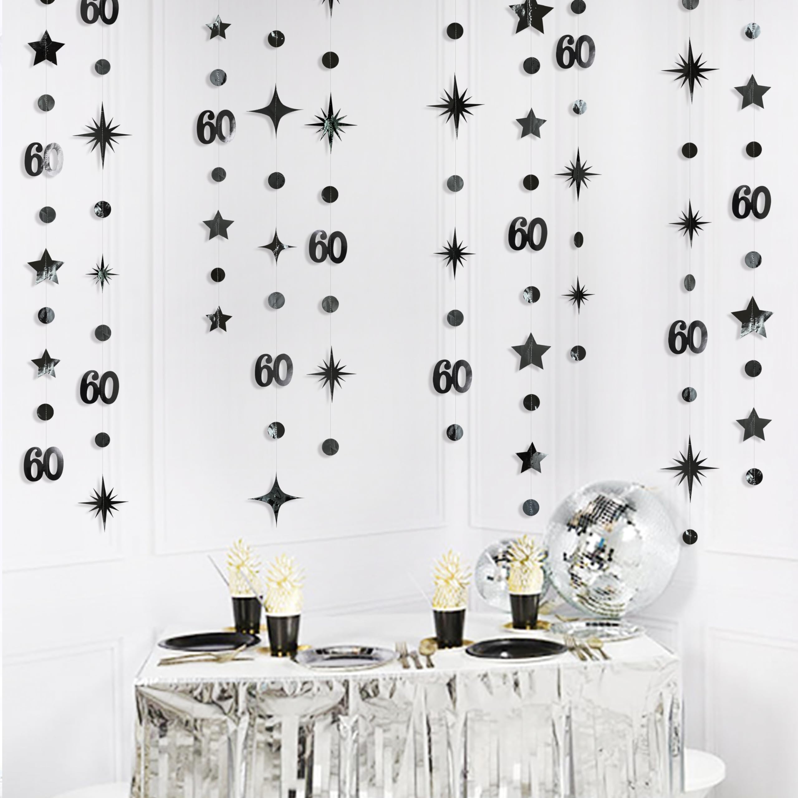 Black 60Th Birthday Decorations Number 60 Circle Dot Star Garland Hanging Streamer Bunting Banner Backdrop For Mens Cheers To 60
