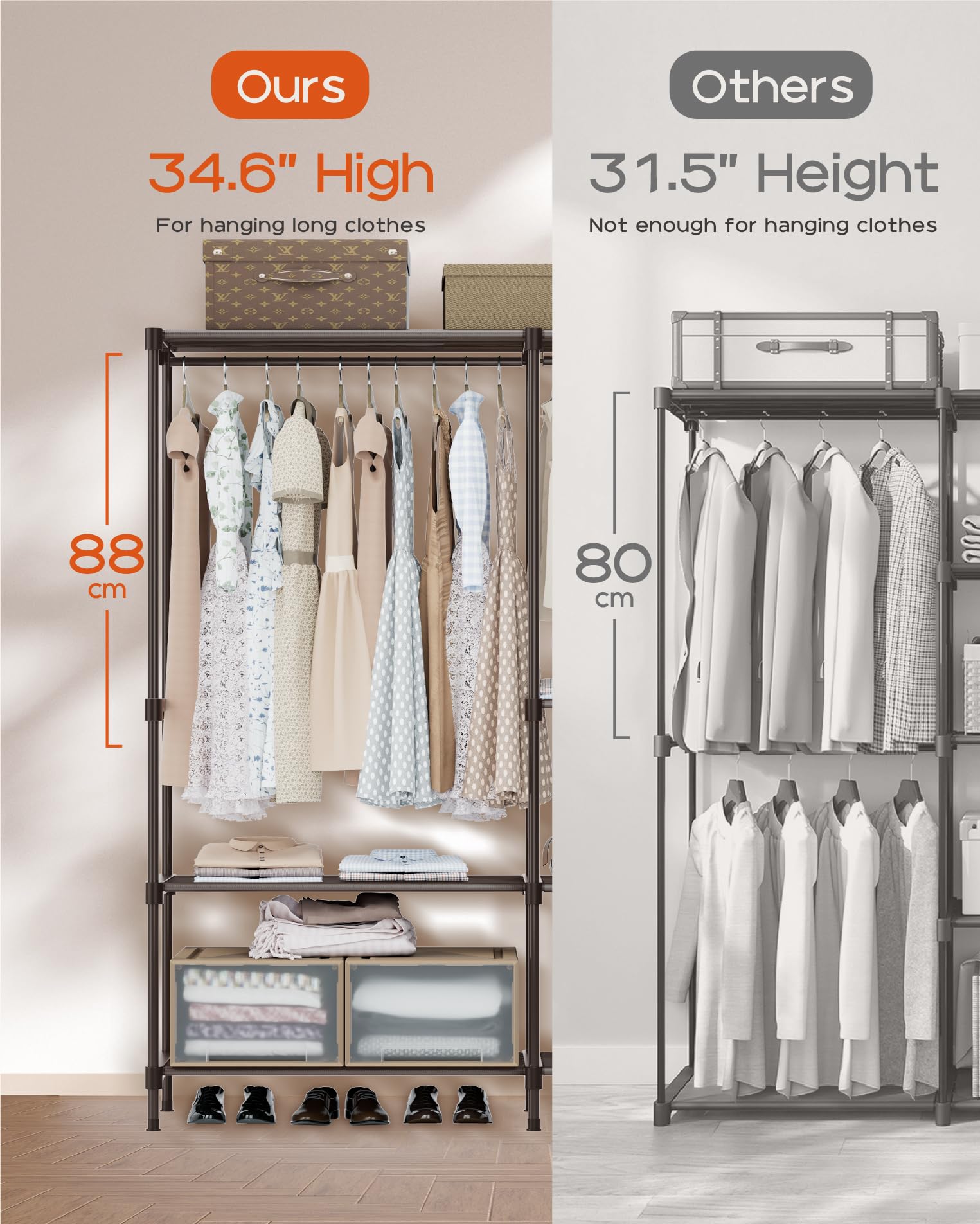 Casamaya Clothes Rack, Portable Closet, 44.9 Inch Large Capacity Wardrobe Closet, Clothes Storage Organizer With Shelves And 2 H