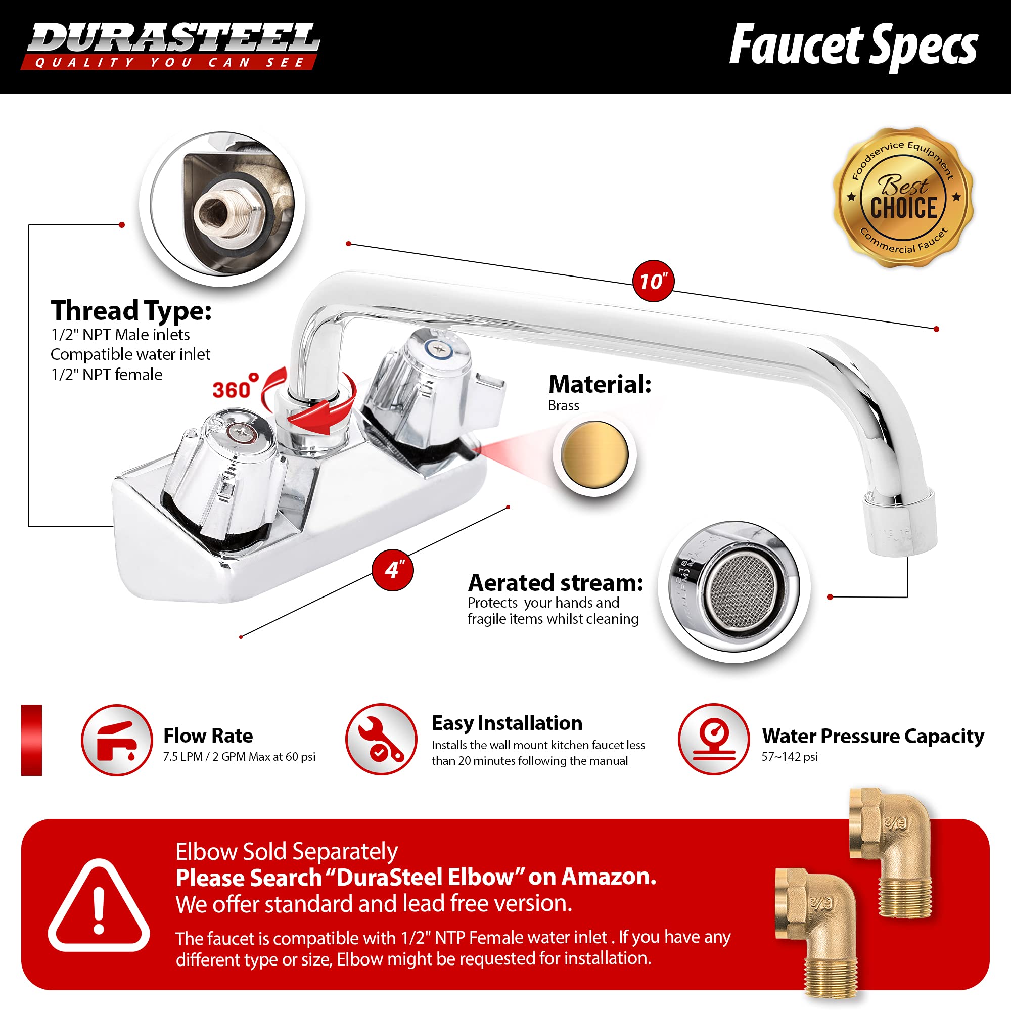 Durasteel 10 Inch Spout Faucet - 4 Inch Center Wall Mount Kitchen Bar Sink Faucet With Swing Spout - Cec Certified For Saving Wa