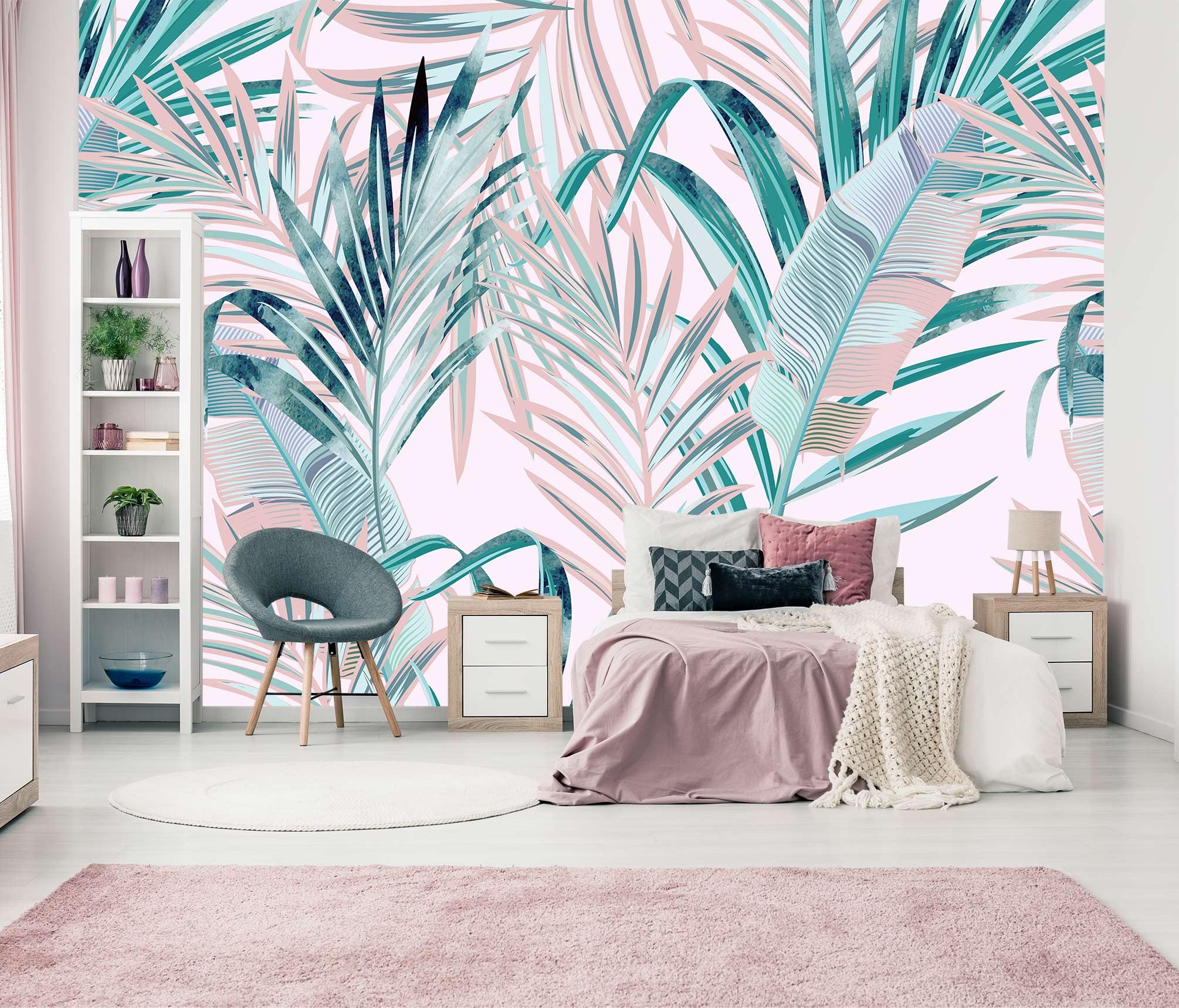 WFBHUA - Tropical Pink Palm Leaf Wallpaper Girls Bedroom Colorful Plant Leaves Wall Mural Living Room (Not Peel and Stick)