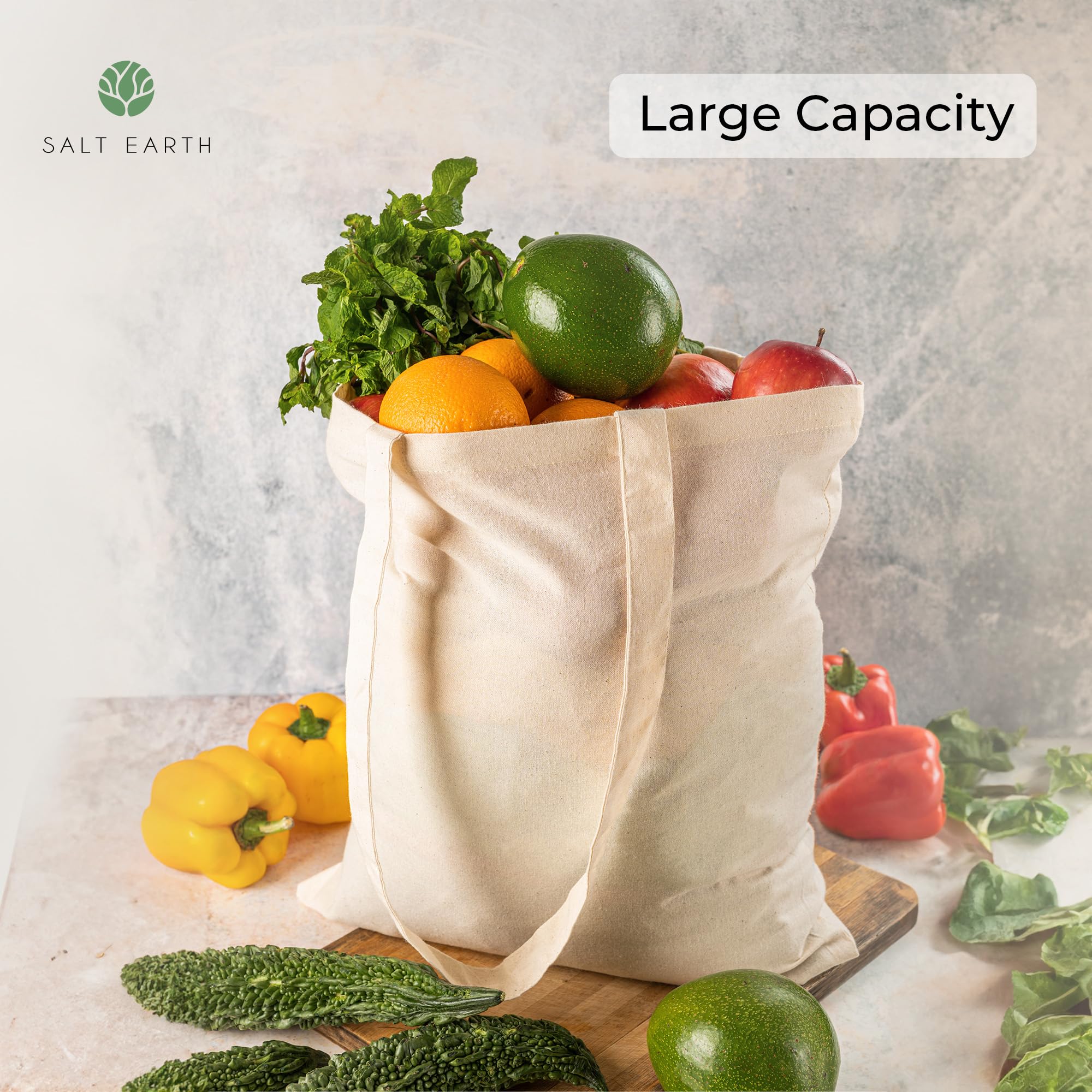 Salt Earth Pack of 5 | 6 | 12 | 24 | 48 - 100% Cotton Reusable Tote Bags - Bulk Grocery, Shopping, DIY, Beach & Gift Use (Natura