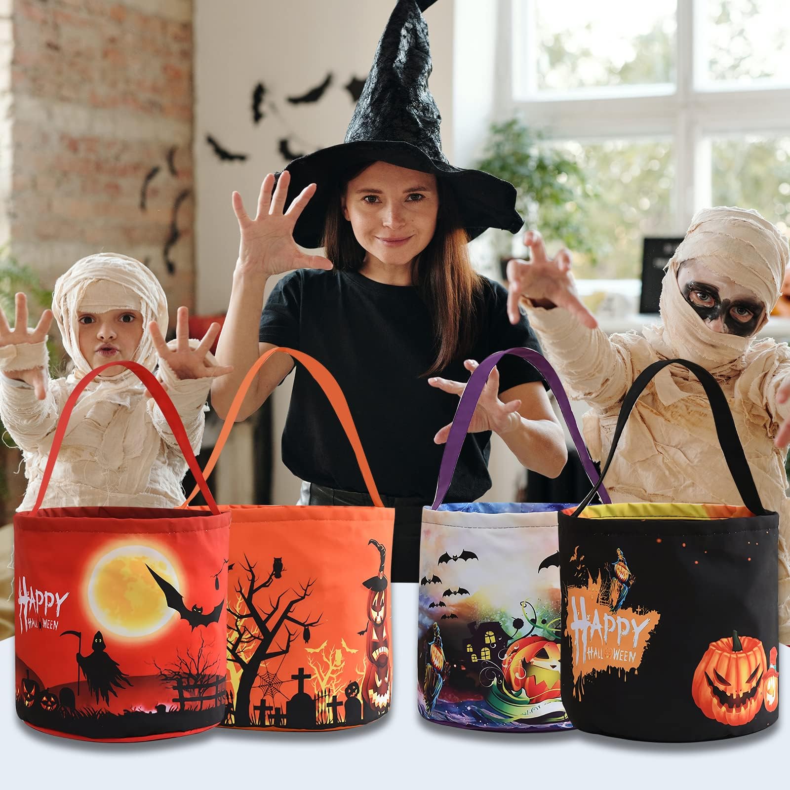 Hutuzldz Halloween Trick Or Treat Candy Bags Led Light Up Pumpkin Bucket, Collapsible Reusable Candy Basket, Fabric Tote Gift Go