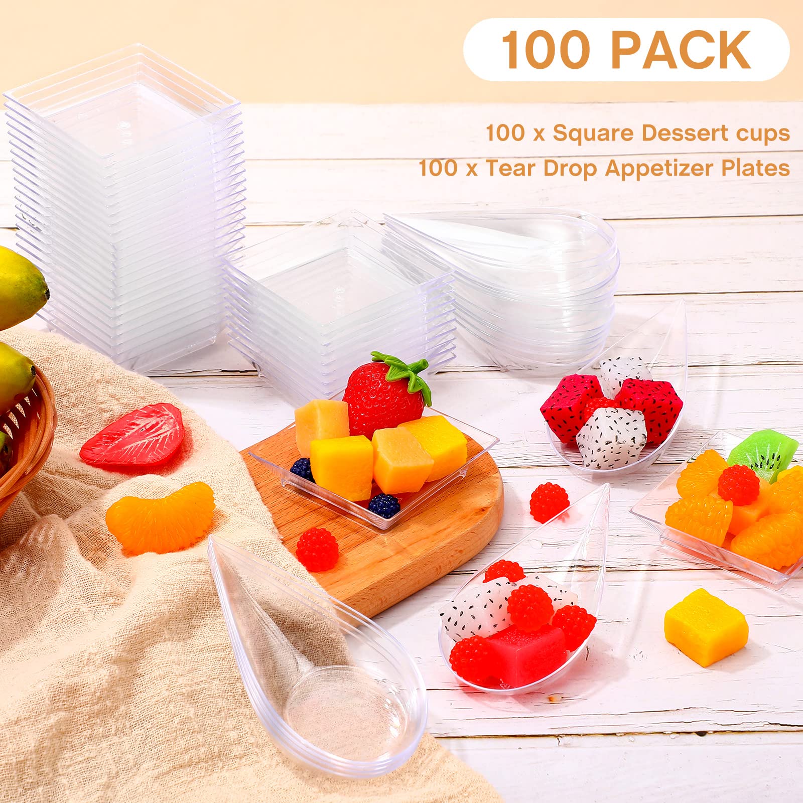 Rozer Mini Appetizer Plates And Tear Drop Spoons For Weddings Party 2.5 X 2.5 Inches 4 X 2 X 0.5 Inches Plastic Mini Dessert Pla