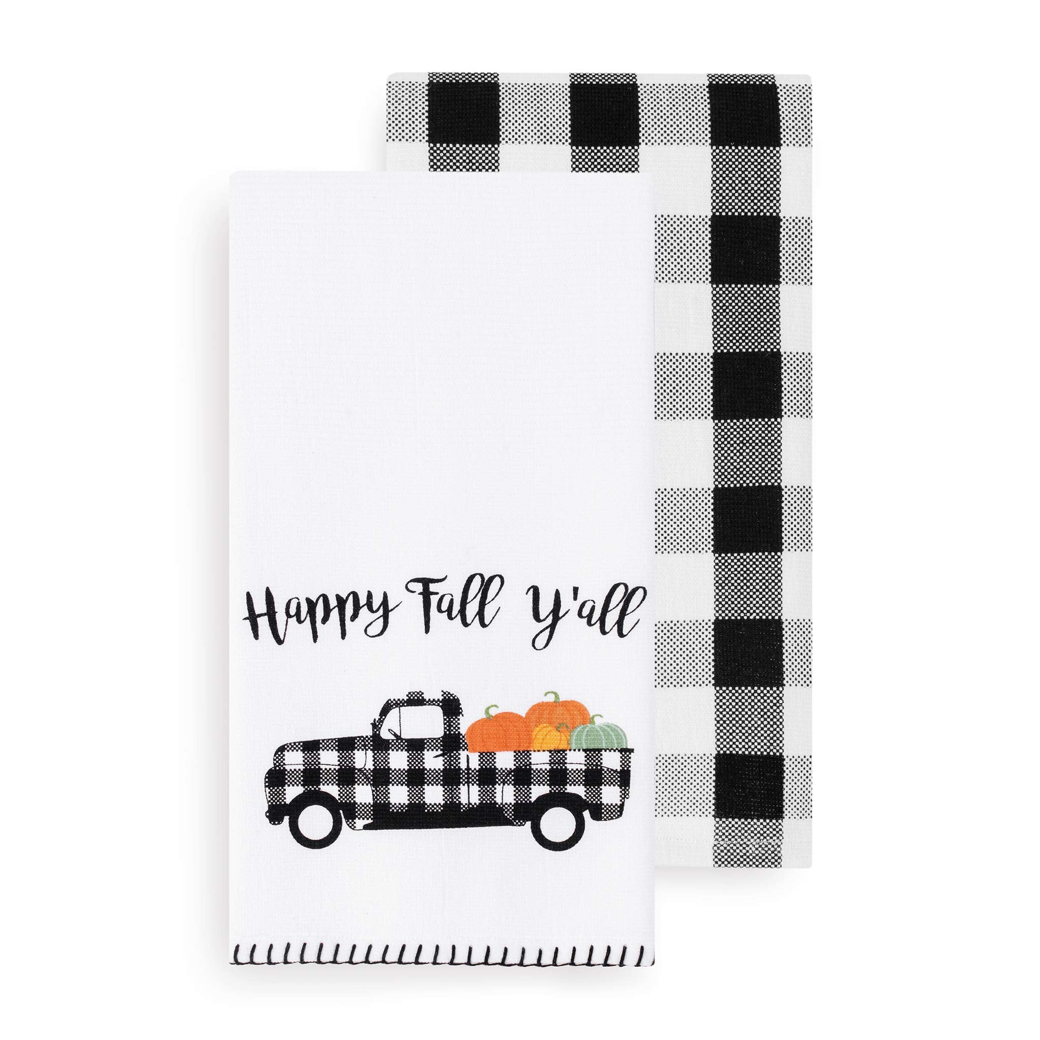 Elrene Home Fashions Farmhouse Living Happy Fall Y'All And Check Farm Truck Kitchen Towel Set, 18'' X 28'', Black/White, 18'' X