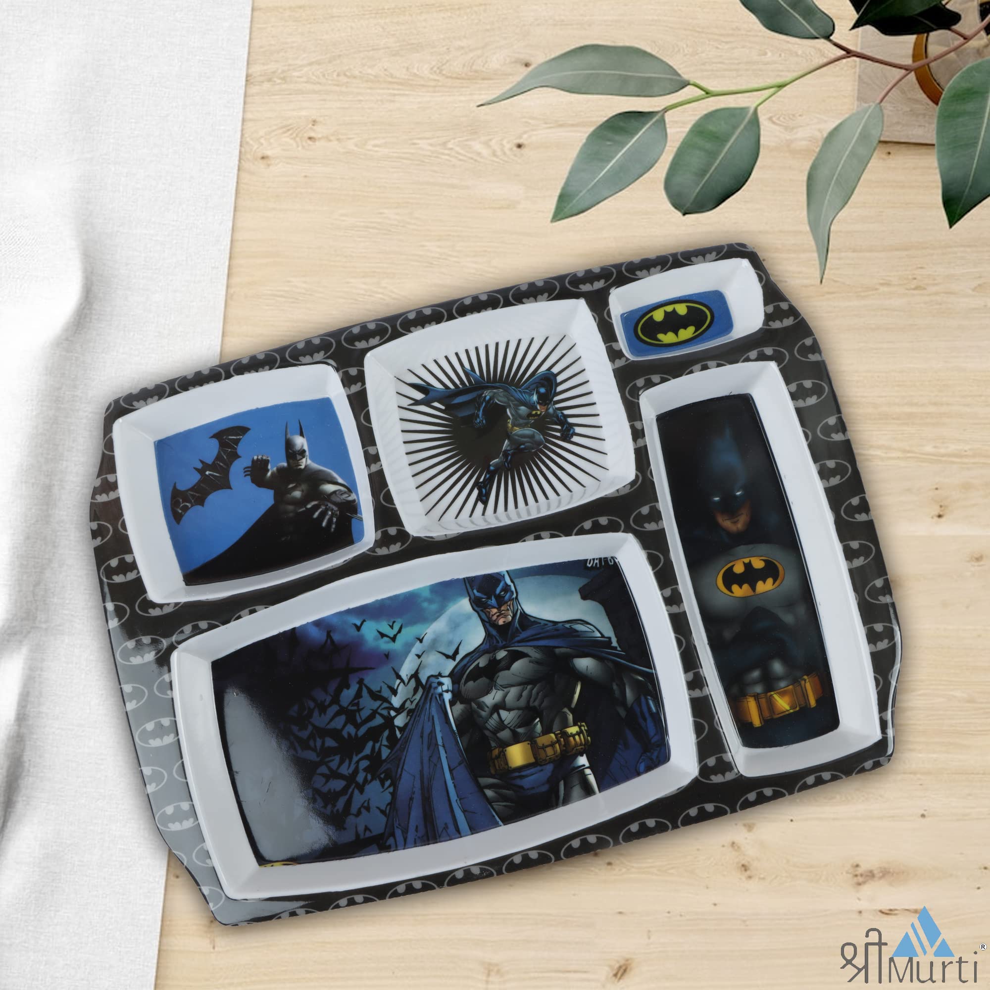 Shree Murti Melamine Rectangular Dinner Plate with 5 Sectioned Funny Cartoon Printed Plate (Batman) |Perfect Gifting for Navratr