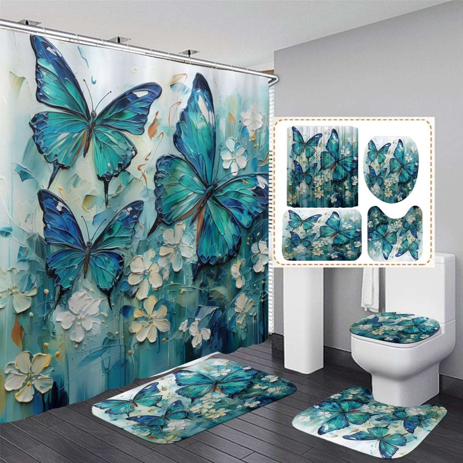 Pretyw 4 Pcs Green Blue Butterfly Shower Curtain Set With Non-Slip Rugs White Flowers Oil Painting Boho Bathroom Set Bathroom Ca