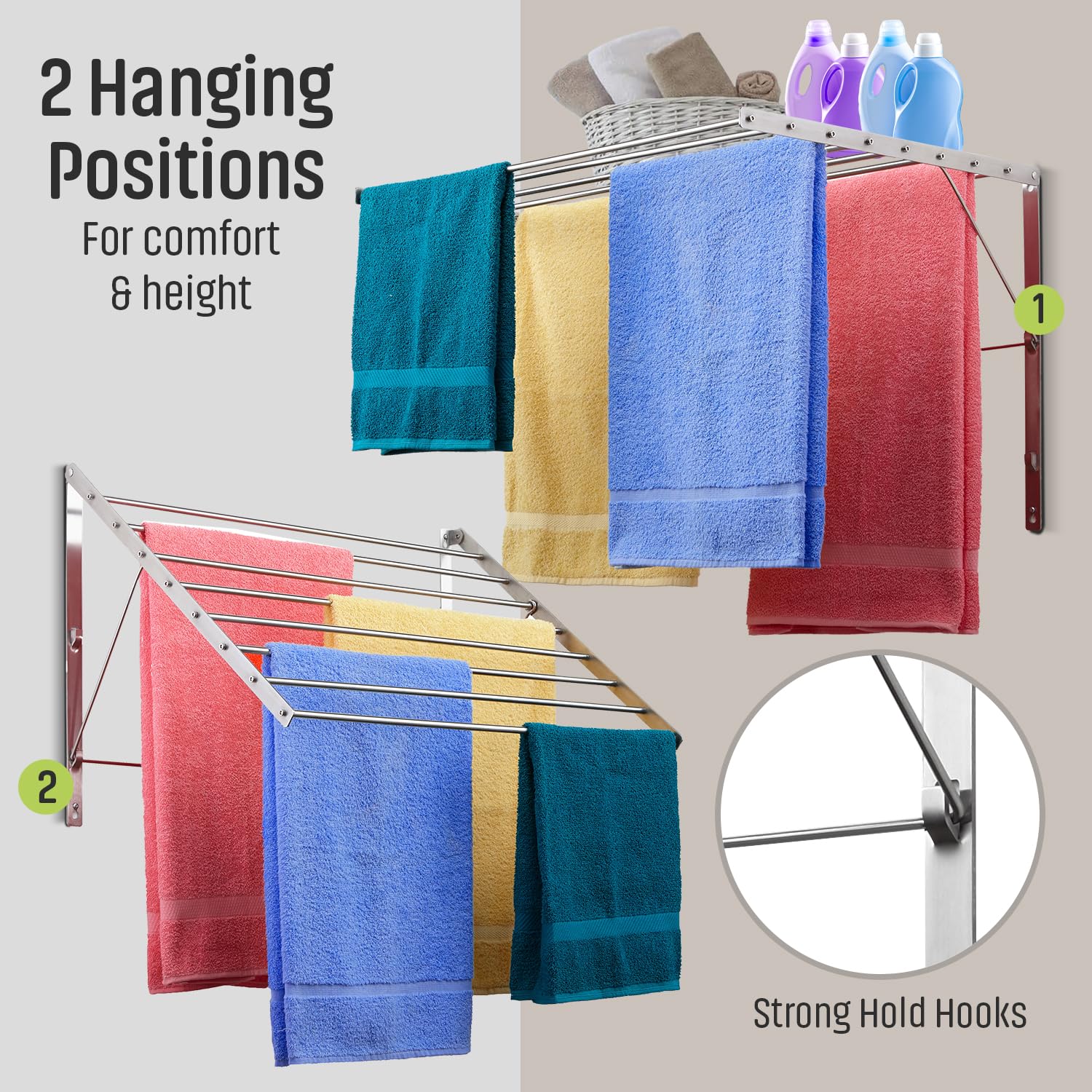 Smartsome | Wall Mounted | Clothes Drying Rack| 22 '' Wide |15 Linear Feet Capacity | 8 Smooth Round Stainless Steel Rods | 60 lb Capacity | Fully Assembled | Compact Sturdy Space-Saving Design