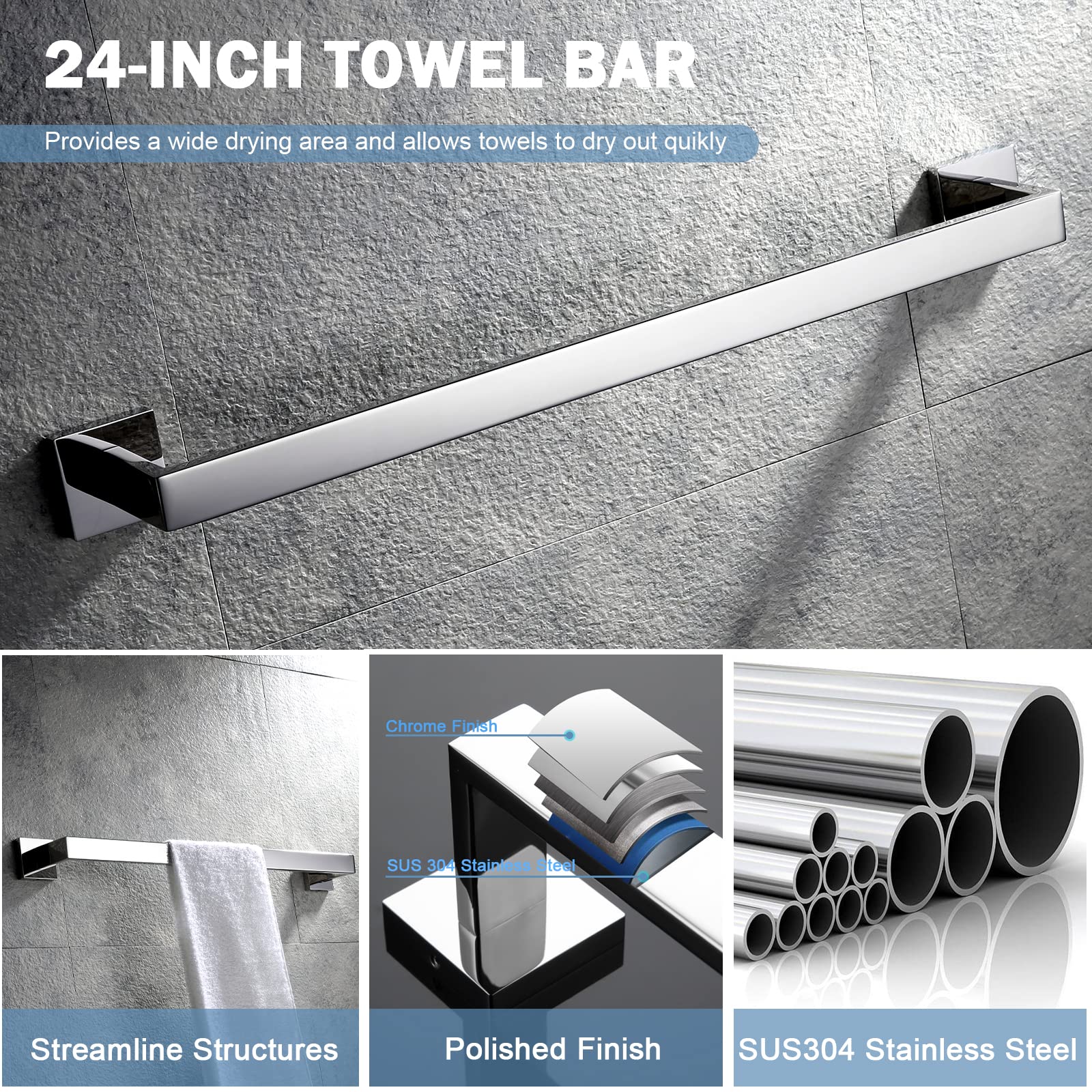 VELIMAX Premium Stainless Steel 4 Pieces Bathroom Hardware Accessories Set Wall Mounted Towel Bar Set  Polished  24-Inch