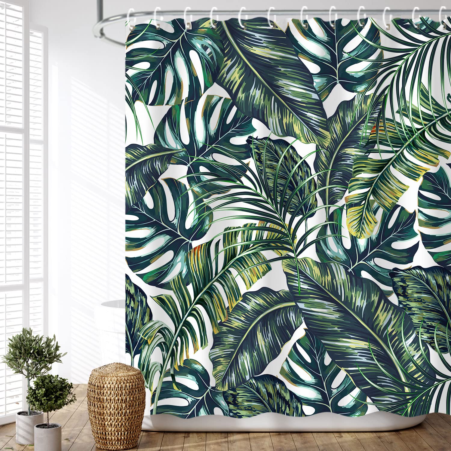 Livilan Green Shower Curtain, Tropical Shower Curtain, Plant Shower Curtains For Bathroom, Leaf Shower Curtain, Botanical Shower