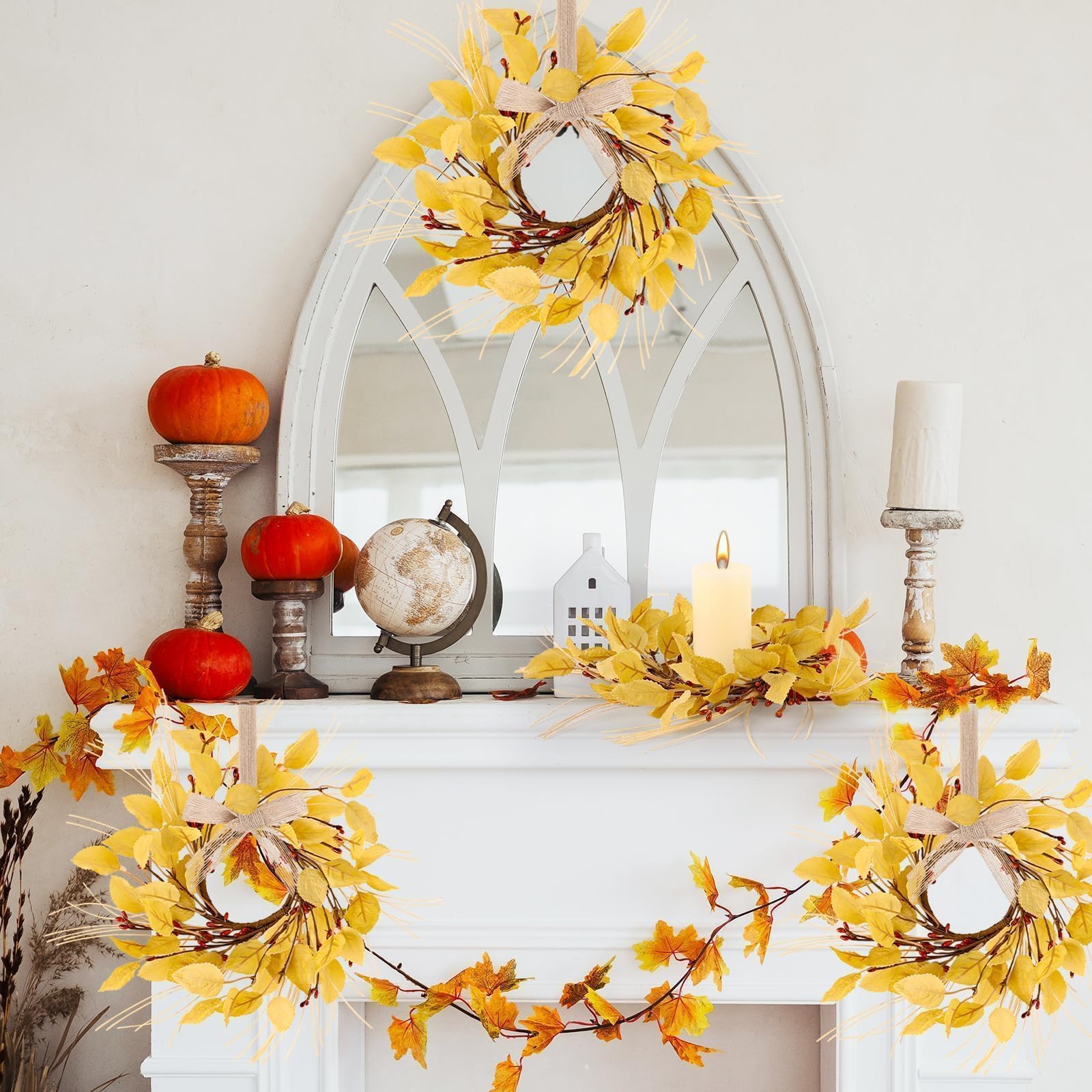 6 Pcs Fall Eucalyptus Leaves Wreaths for Kitchen Cabinets 3 Inch Front Door Mini Autumn Candle Rings Wreath with Red Berries Art