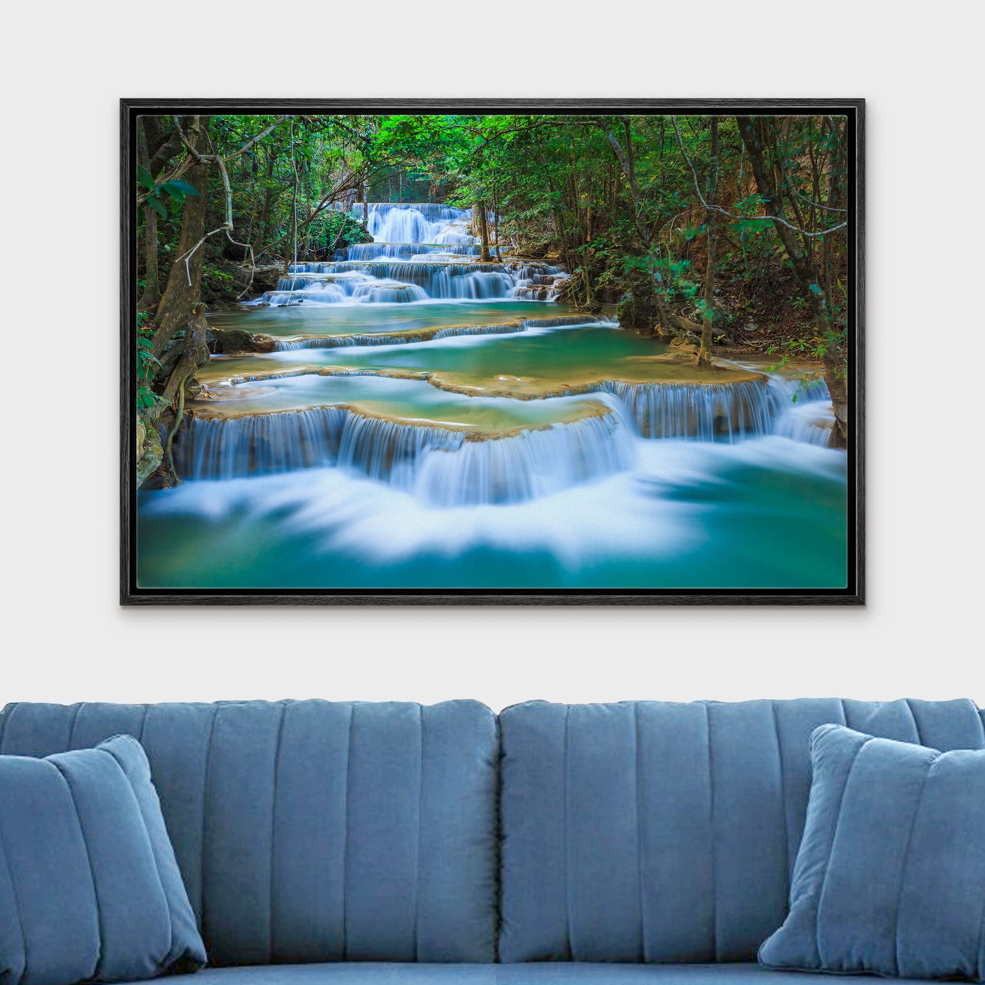 wall26 Framed Canvas Print Wall Art Cascading Forest Waterfall Landscape Nature Wilderness Photography Modern Art Rustic Scenic Colorful Multicolor for Living Room  Bedroom  Office - 24''x36'' Black