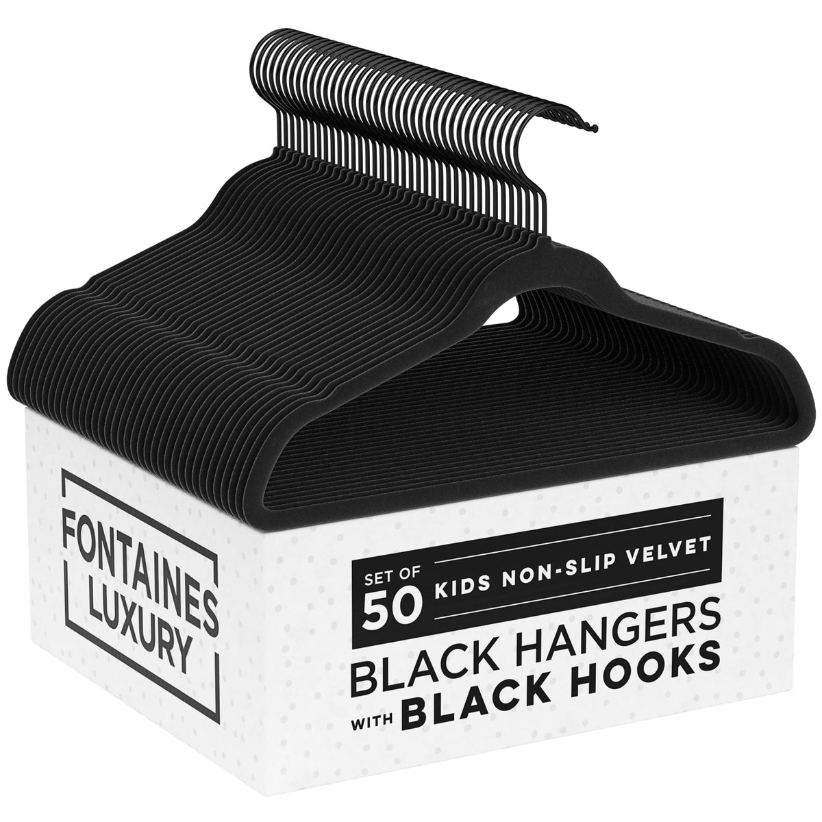 Fontaines Luxury Kid'S Black Velvet Felt Non Slip Clothes Hangers 50 Pack - Ultra Slim & Space Saving - Heavy Duty Swivel Black