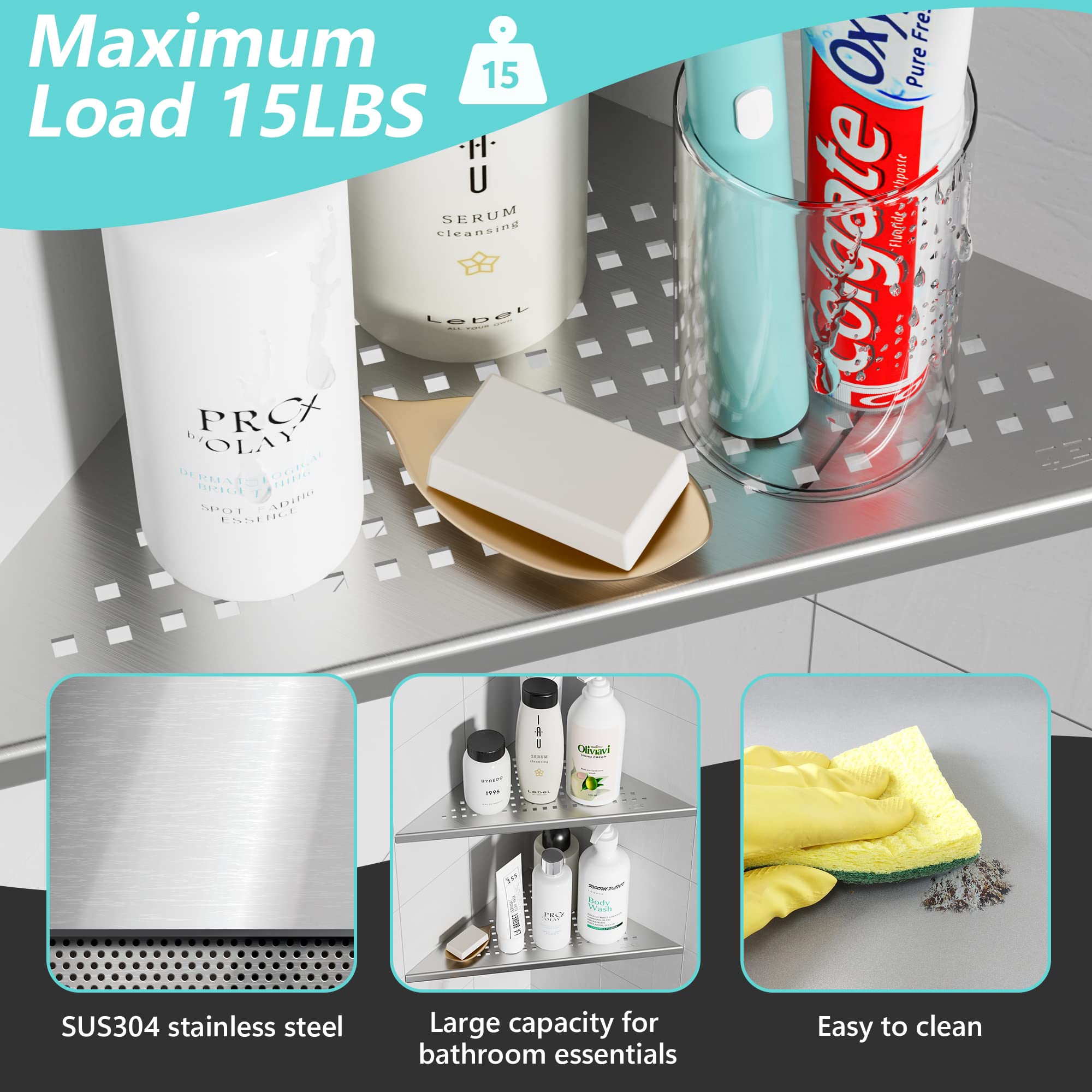 Qeke 2 Pack Bathroom Corner Shelf, Recessed 12'' Shower Shelf Caddy, Sus304 Stainless Steel Shelf Wall Mount Triangular, No Dril