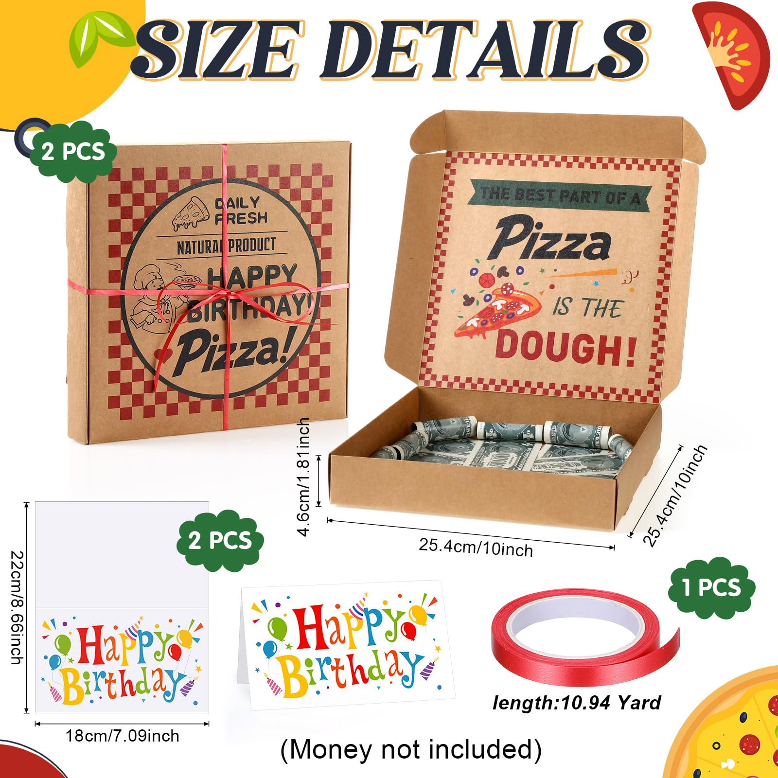 Feifeiya 2 Pcs Birthday Pizza Money Box for Cash Gift 10 x 10 Inch Pizza Boxes Money Holder Fun Gift for Surprise Funny Classic