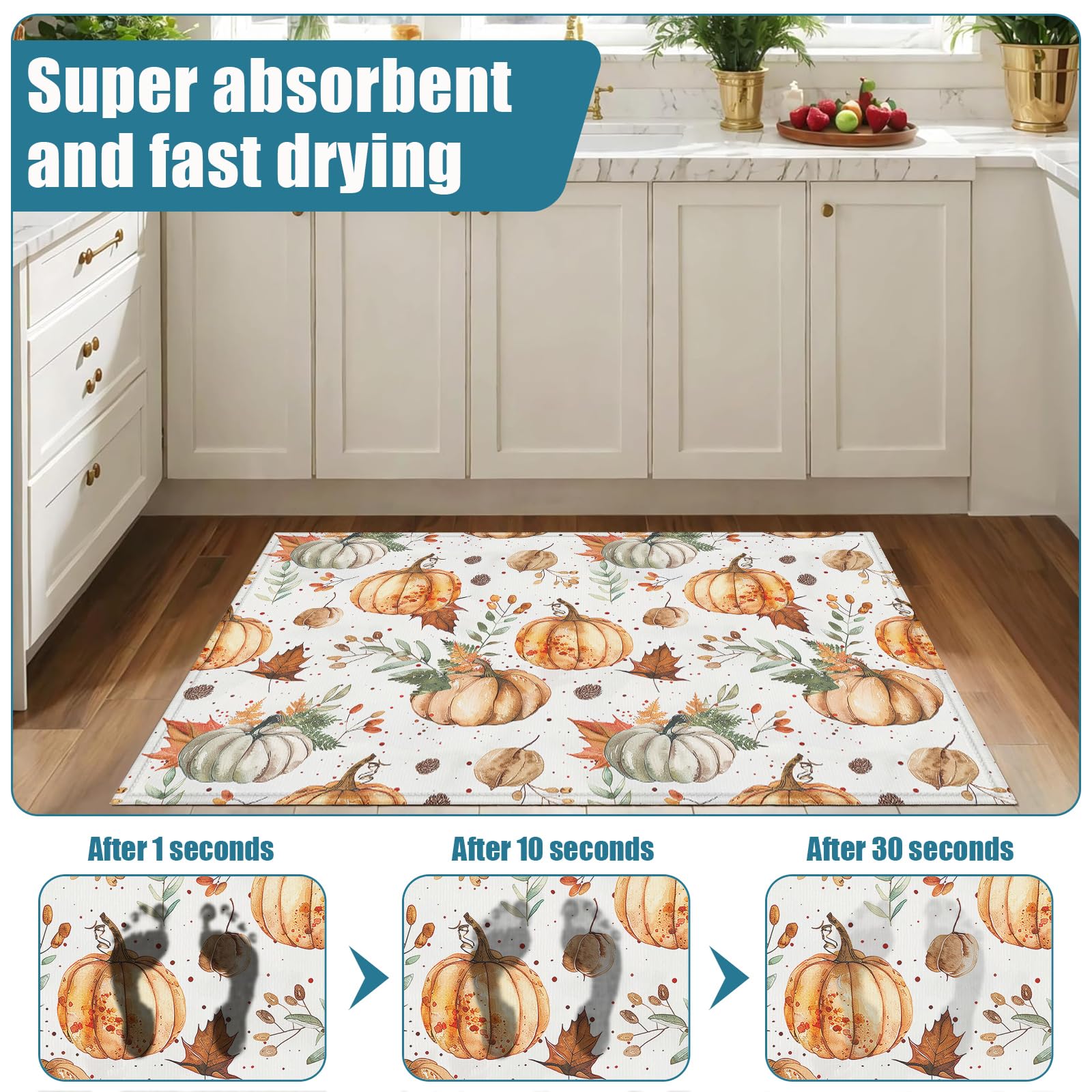 Fall Pumpkin Leaves Indoor Door Mat, Outdoor Entrance Doormat for Entryway Kitchen Bathroom 17 X 29 Inch