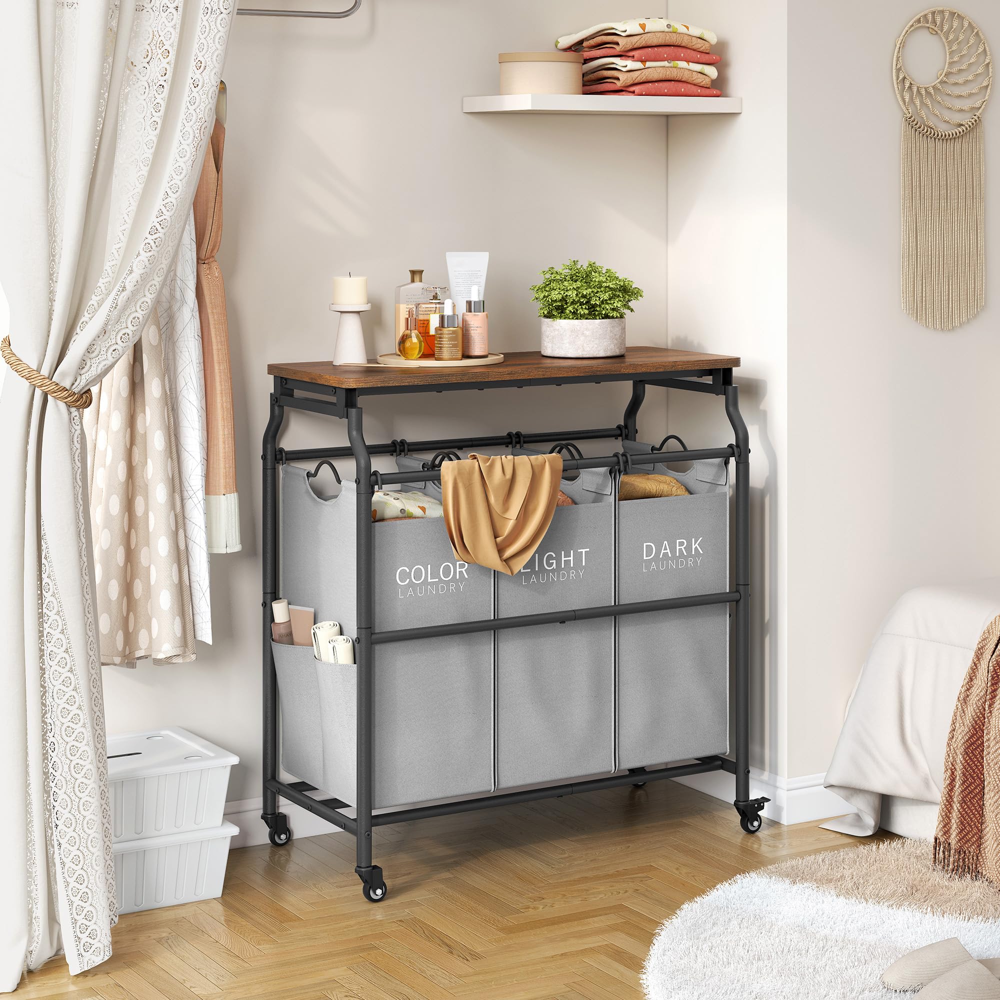 Hoctieon 3 Section Laundry Sorter Cart With Ironing Board, Laundry Hamper With Shelf And Rolling Wheels, Heavy Duty Laundry Bask