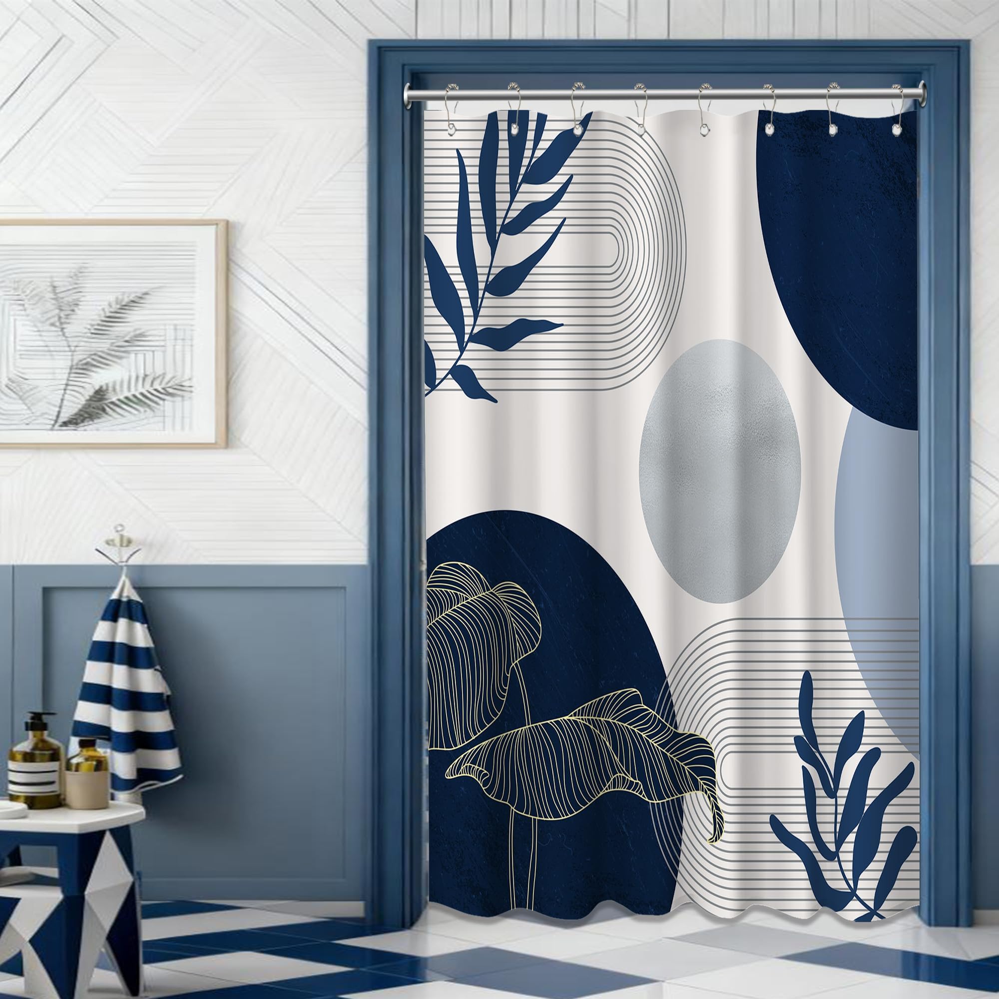 Keeuy Navy Blue And White Shower Curtain Mid Century Modern Dark Blue Boho Shower Curtains For Bathroom Decor Mcm Mens Cool Bath