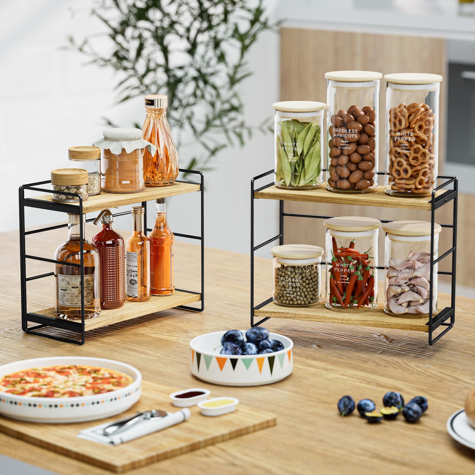 SRIWATANA Bathroom Countertop Organizer Set of 2, Kitchen Counter Shelf Spice Rack Sink Countertop Storage Desktop Large Wood Sh