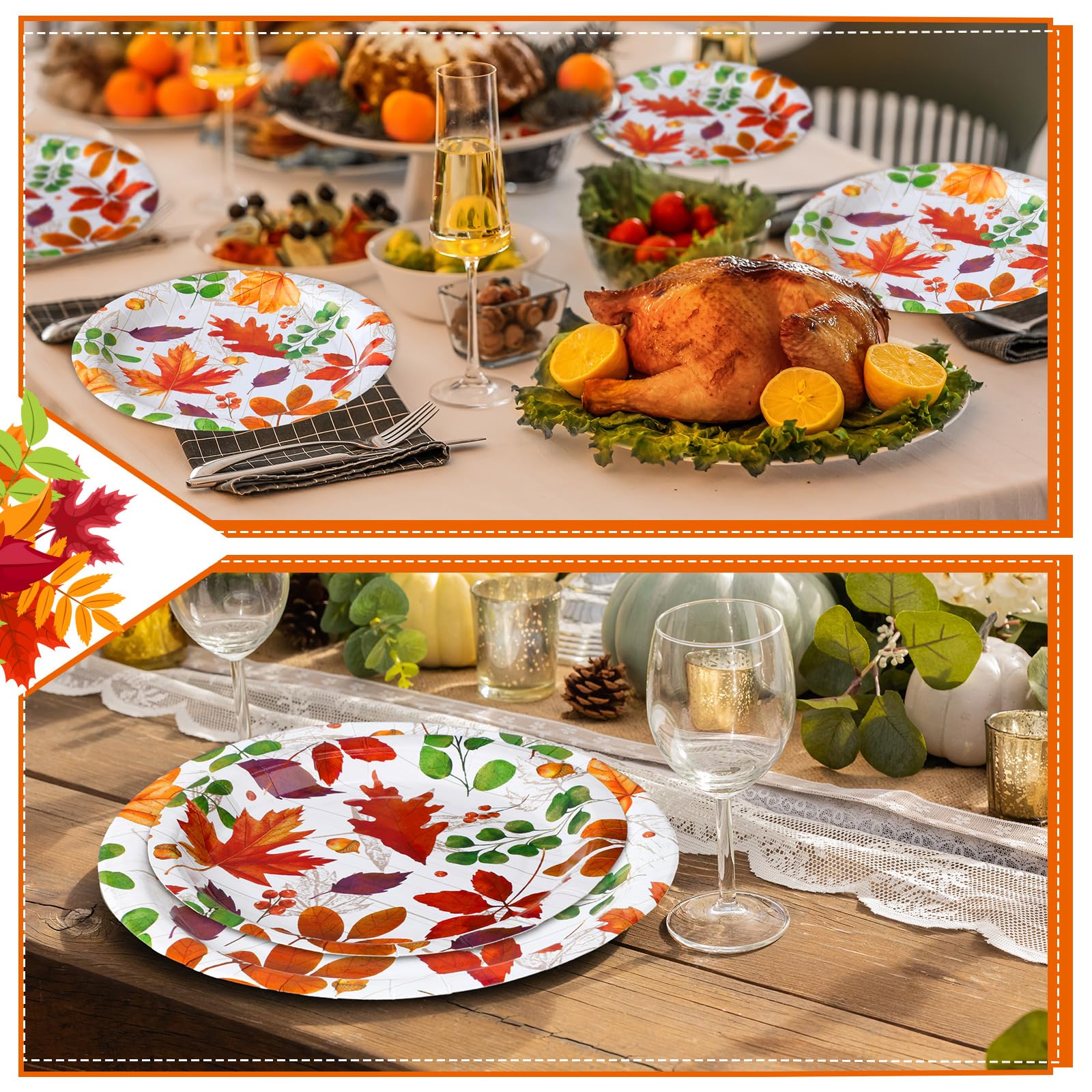 Yungyan 50 Pcs Fall Thanksgiving Leaves Paper Plates Disposable Maple Autumn Thanksgiving Party Plates 9 Inch 7 Inch Maple Leaf