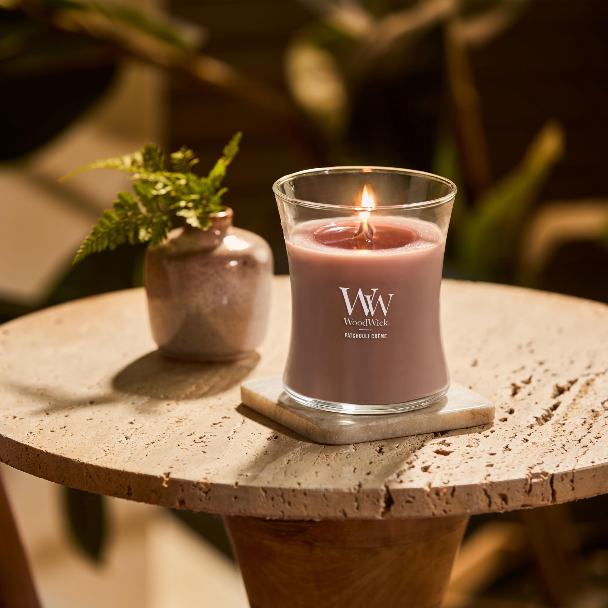 WoodWick Patchouli Crme Gifts for Women and Men, 9.7 oz Medium Hourglass Candle with Crackling Wick