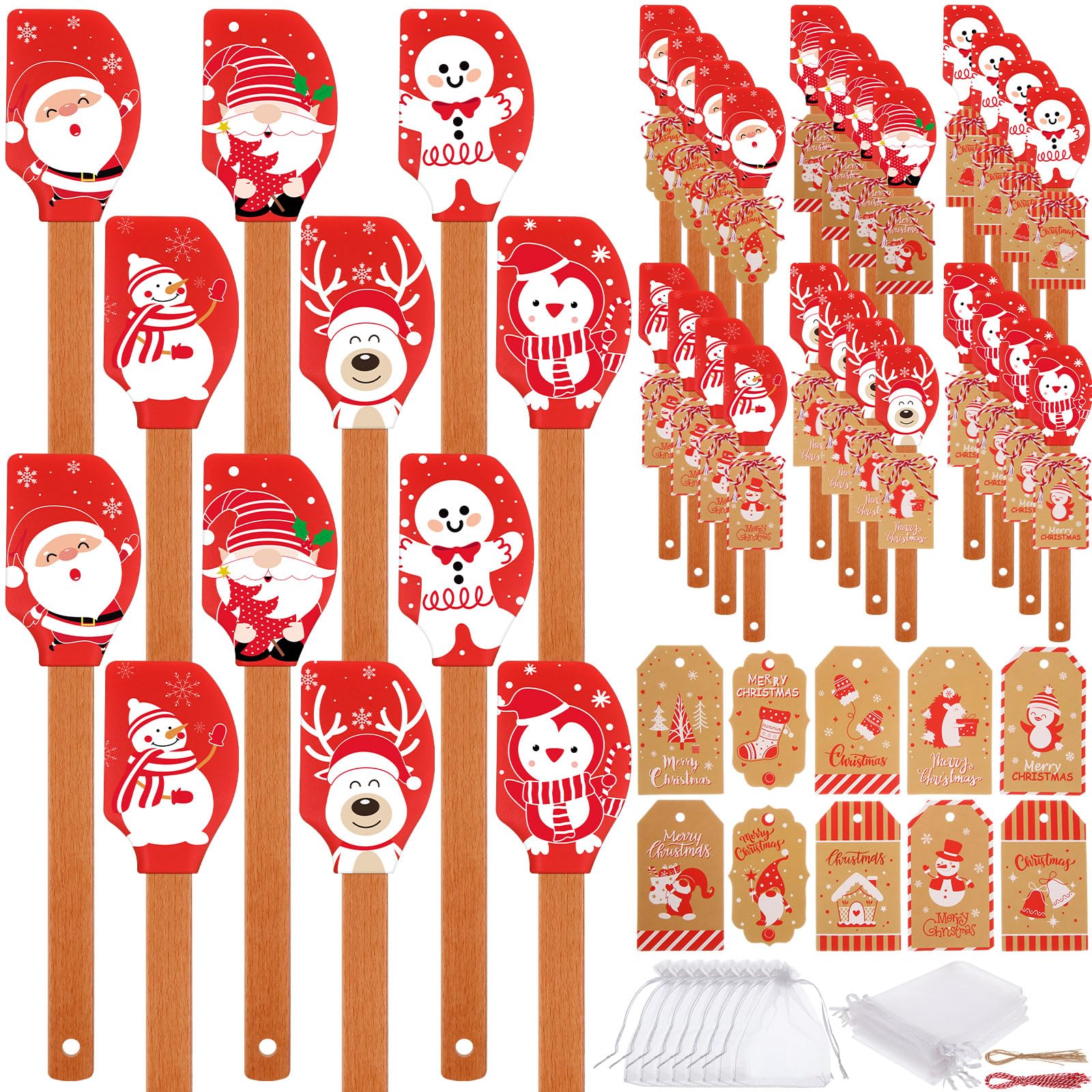 Reallnaive 24 Sets Christmas Silicone Spatula Gift Xmas Cake Spatula Xmas Baking Cooking Gifts Heat Resistant Scraper with Twine