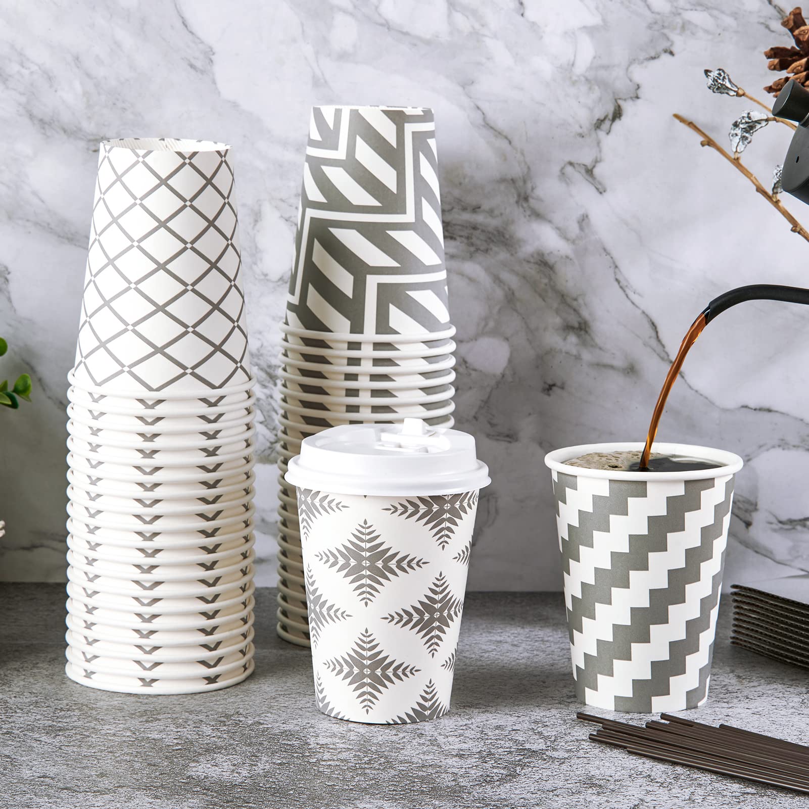 LITOPAK 100 Pack 12 oz Paper Coffee Cups  Disposable Coffee Cups with Lid  Sleeve  and Straws  Four Designs of Hot Coffee Cups  Disposable Paper Cups  and Drink Cups for Home  Stores  and Cafes.