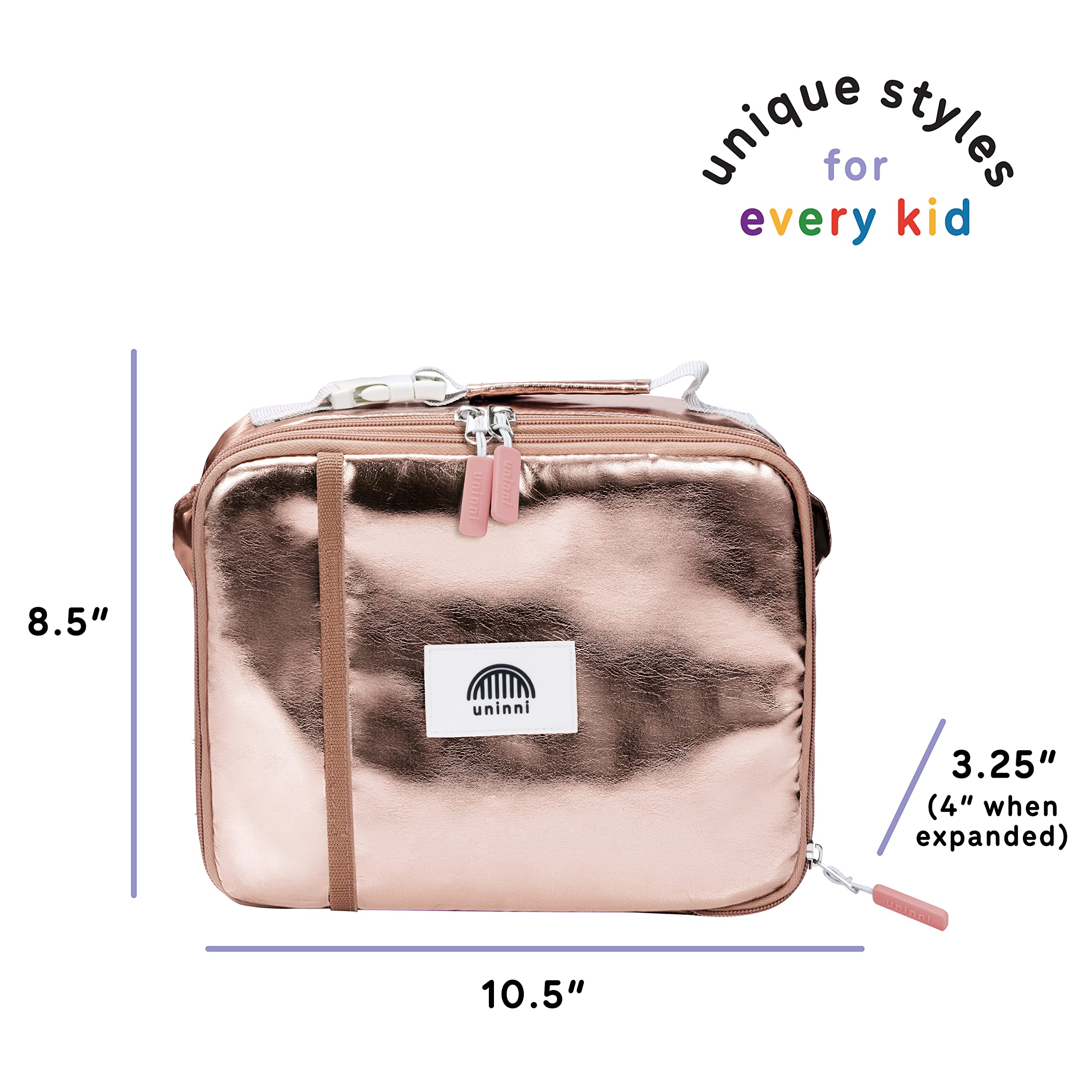 Uninni Rose Gold Insulated Lunch Box For Kids - Age 3+ With Leak-Resistant Storage, Mesh Pocket, Removable Divider For Snacks, S