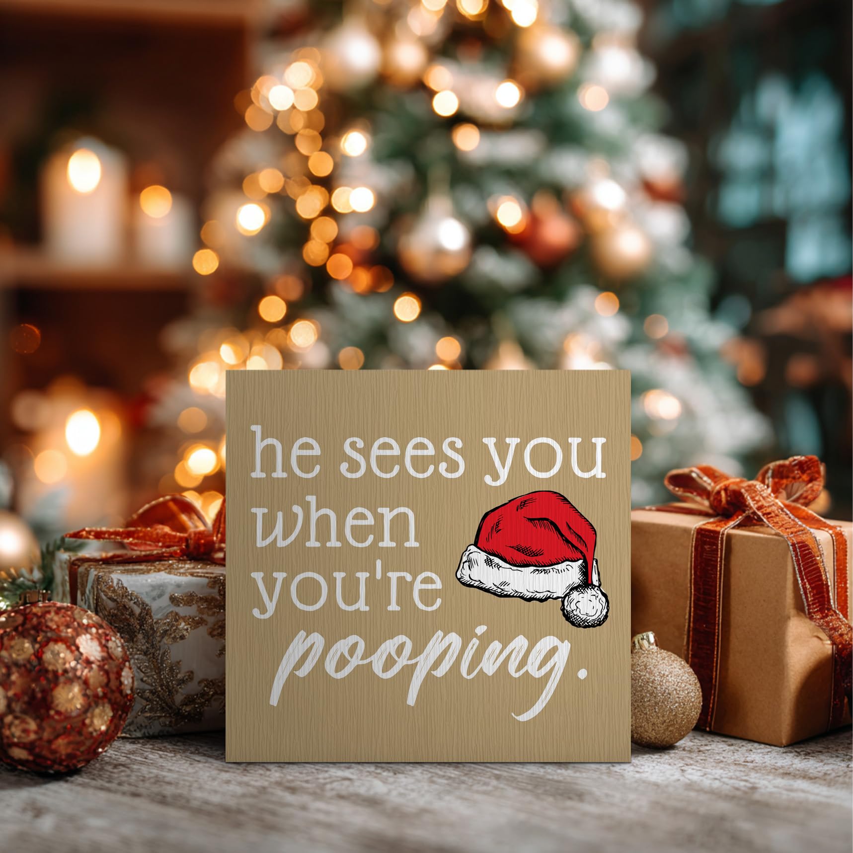 ANIANG He Sees You When You're Pooping Sign, Funny Christmas Decorations, Bathroom Christmas Decor, ChristmasSign, ChristmasWood