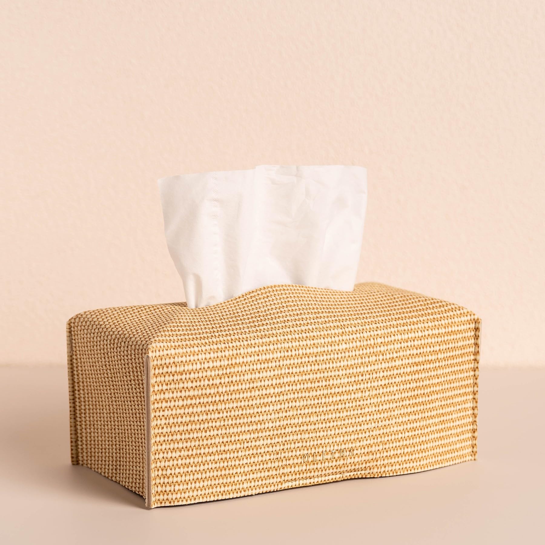 OLETHA Aesthetic Rectangle Tissue Box Cover, Medium Flat Box Tissues Holder Rectangular, Rattan Textured