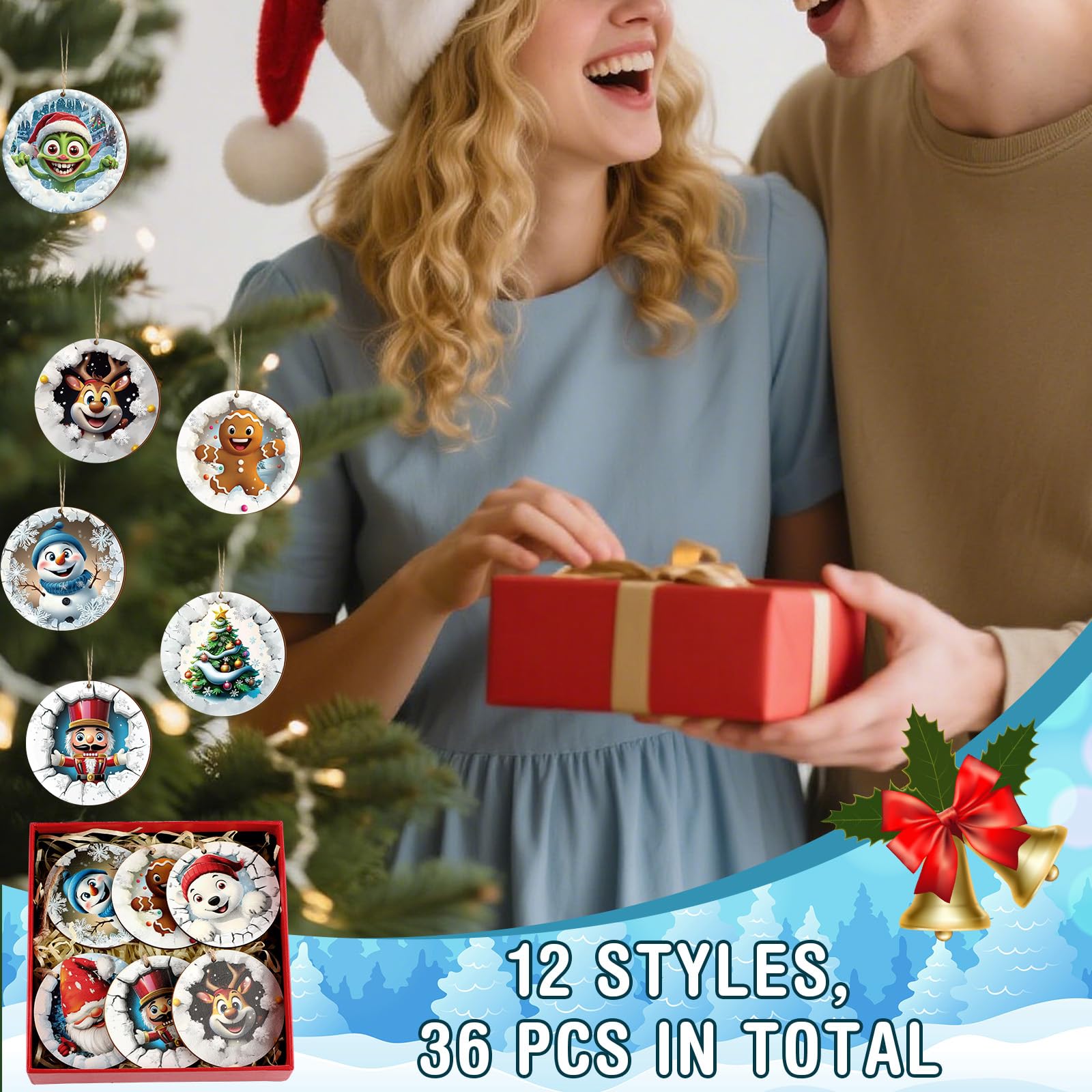 Suzile 36 Pcs Christmas Wooden Ornaments Christmas 3D Break Through Ornament Xmas Cute Animal Decorations for Tree Wreaths Xmas
