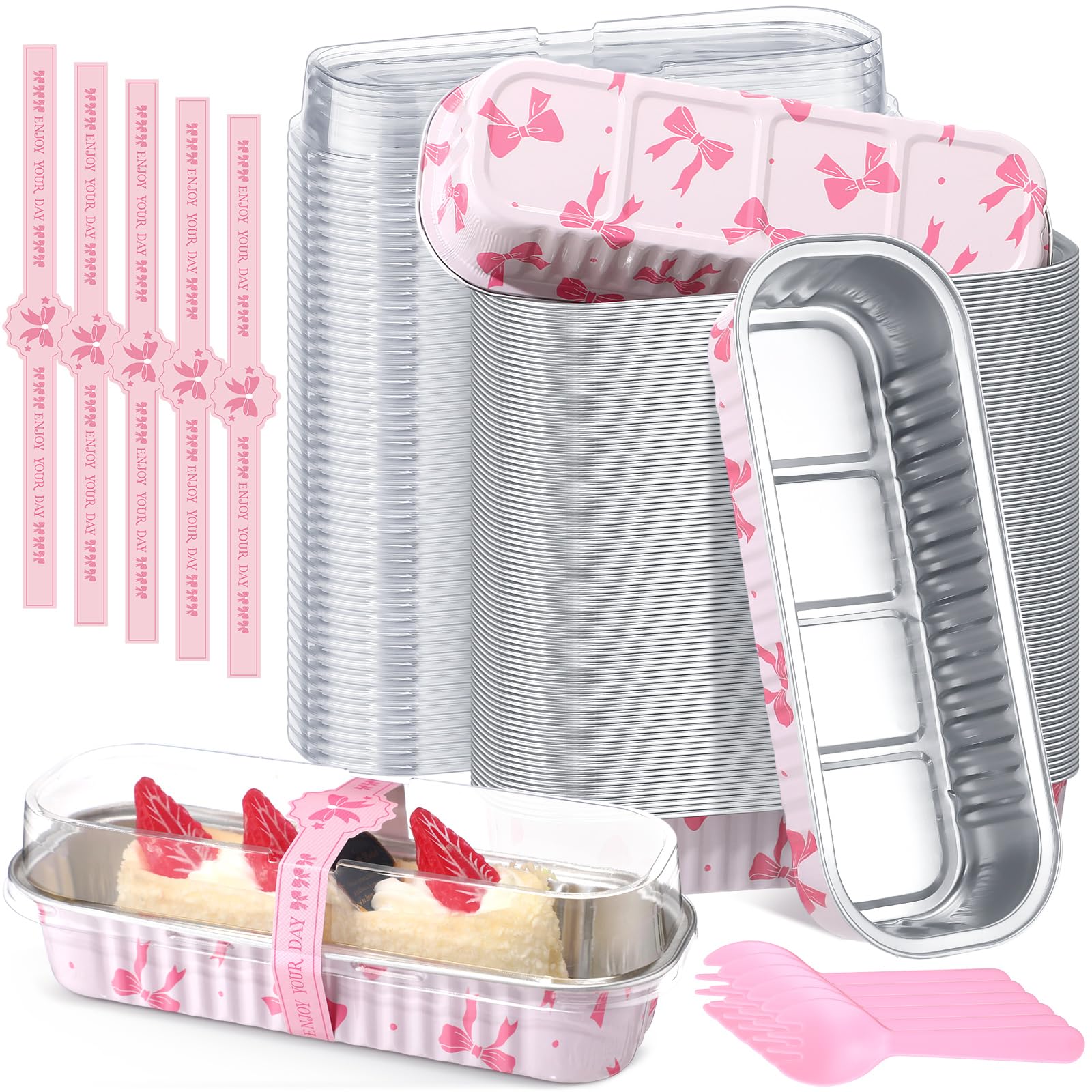 Tioncy 100 Pcs Mini Loaf Pans with Lids Spoons, Bow
