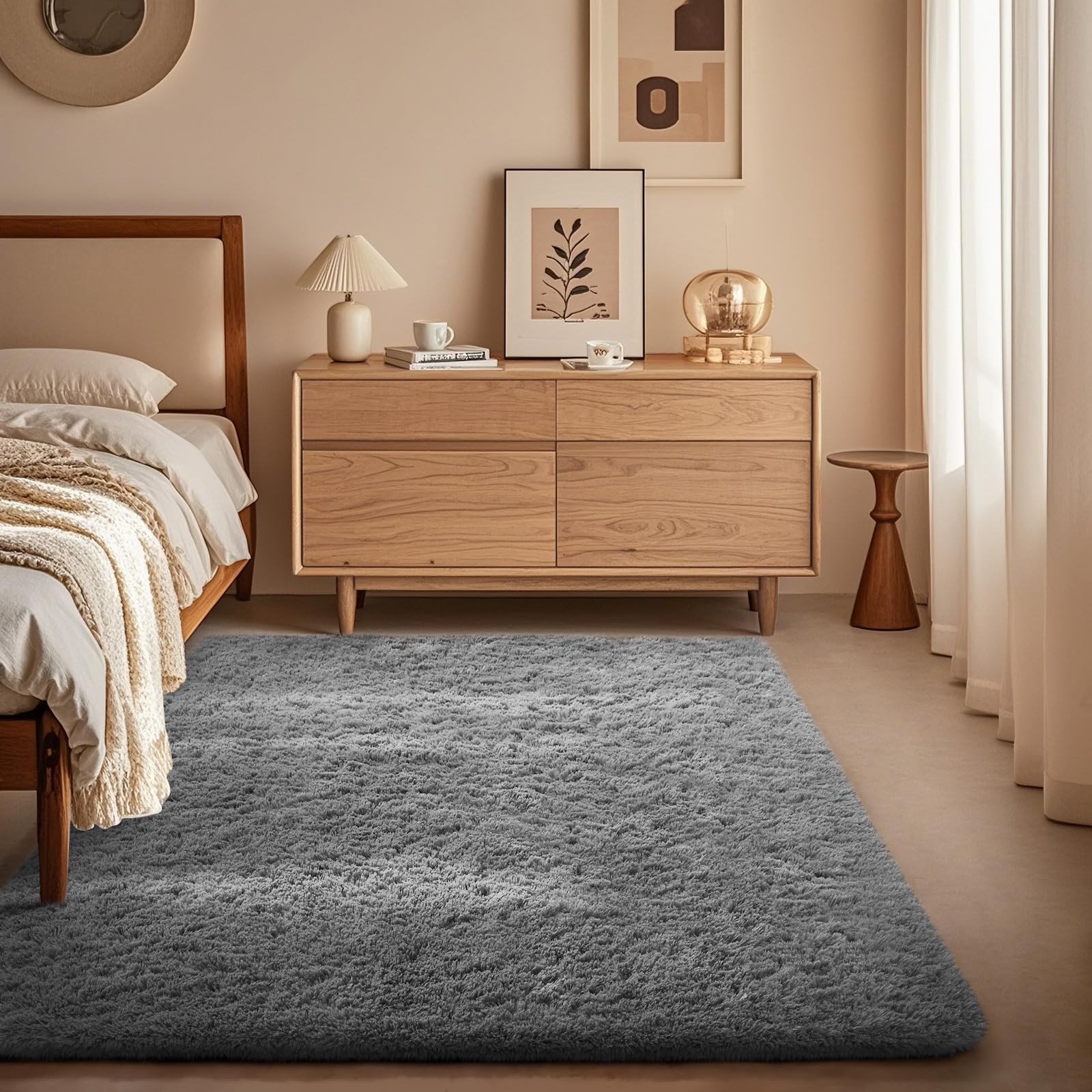 Ophanie 3x5 Rug, Bedside Preppy Dorm Area Rug, College Essentials Non Slip Grey Small Carpets for Bedroom, Anti Slip Fluffy Gray