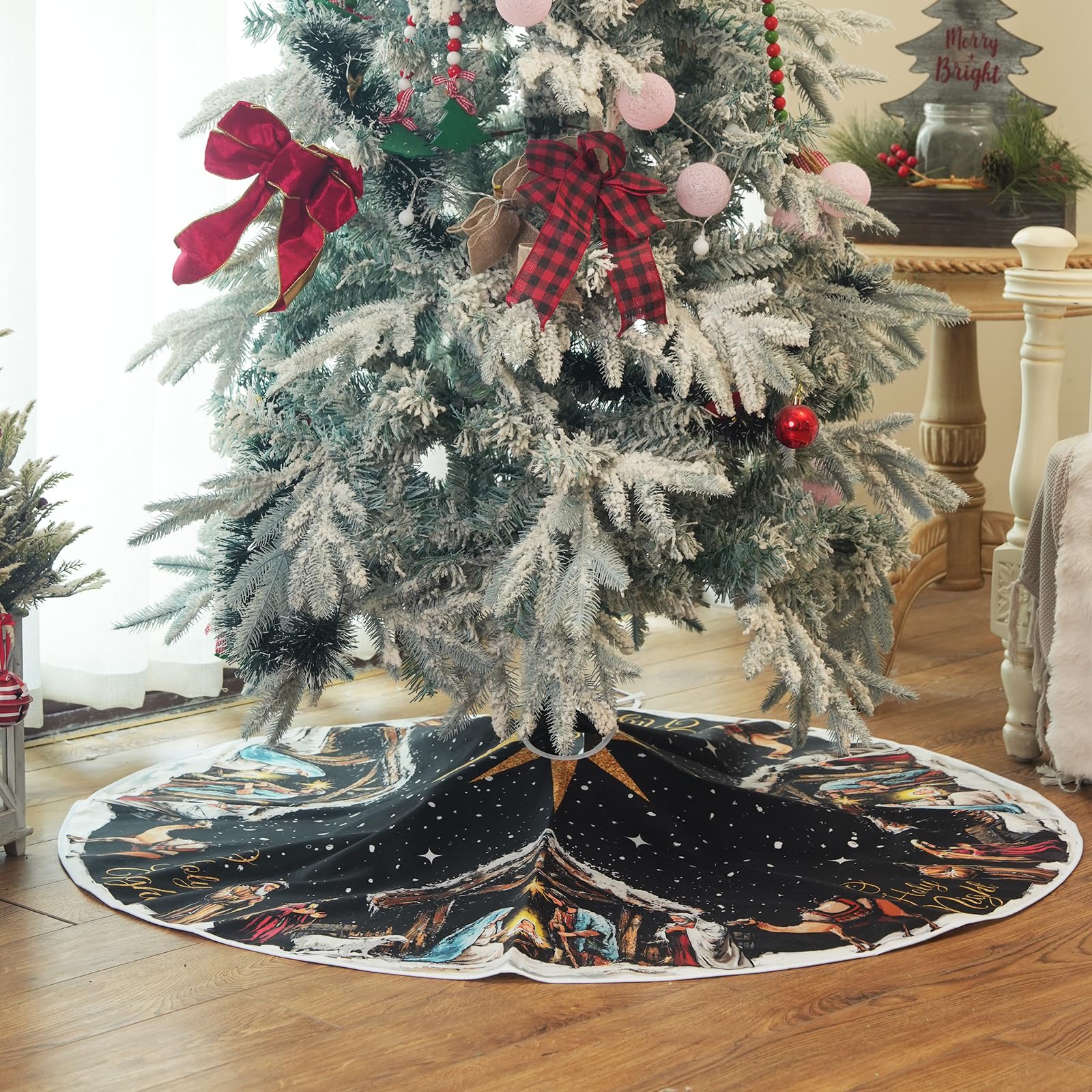 CROWNED BEAUTY Christmas Tree Skirt Collar 48 Inch Religious Holy Night Soft Farmhouse Black Holiday Decoration TS39