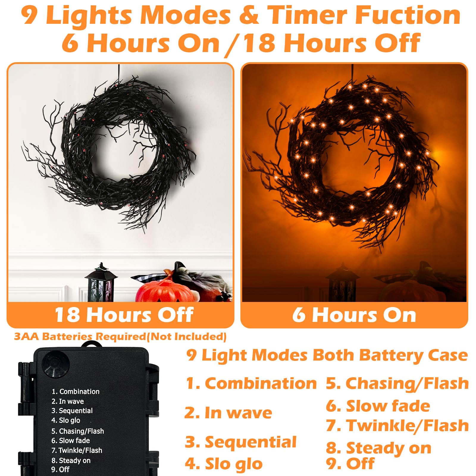 [ 8 Modes & Timer ] 6 Ft 45 LED Halloween Willow Vine Twig Garland Decorations with Orange Lights, Halloween Garland with Batter
