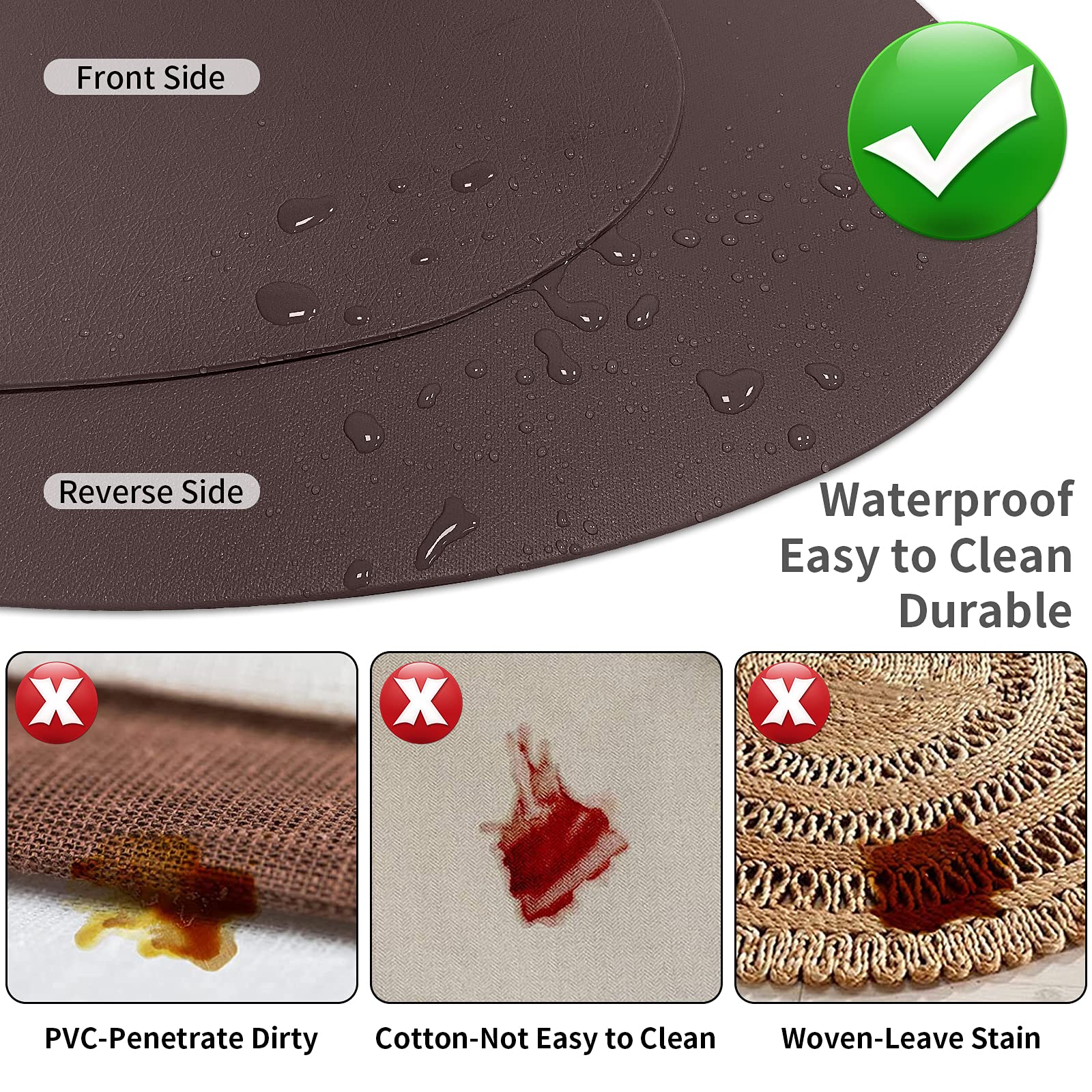 Herda Brown Placemats Set Of 6 Round Faux Leather Non-Slip Place Mats Wipeable Washable Placemats Heat Resist Placemats For Roun