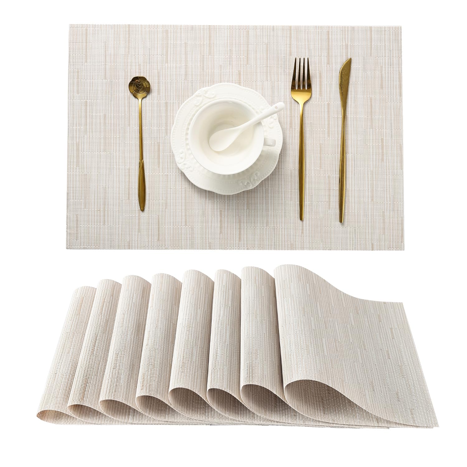 Leetaltree Pale Beige Placemats Set Of 8 - Heat Resistant Non-Slip Place Mats For Dining Table, Washable Durable Pvc Vinyl Woven