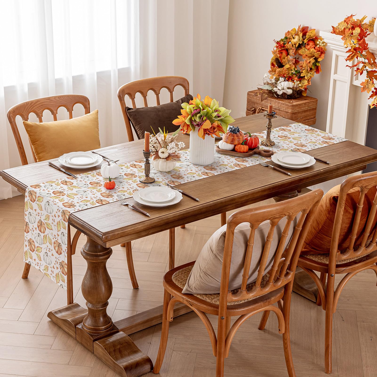 Romanstile Orange Pumpkin Fall Table Runner 13 x 72 Inch, Autumn Thanksgiving Harvest Farmhouse Style Table Decoration for Dinin
