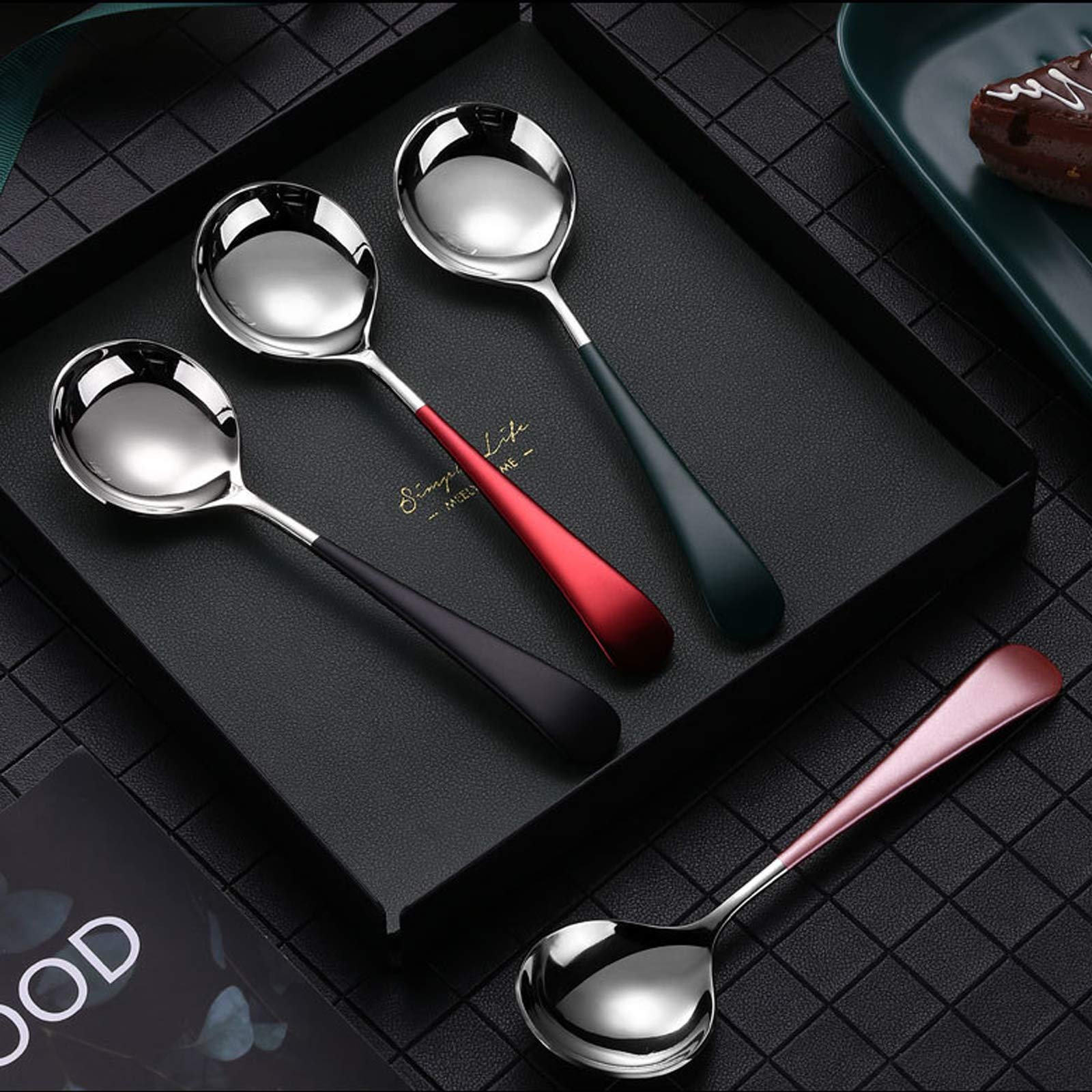 Soup Spoons Stainless Steel, 18/10 Round Head Soup Spoons, Modern Thick Short Handle 304 Stainless Steel Korean Spoon, Dinner Me