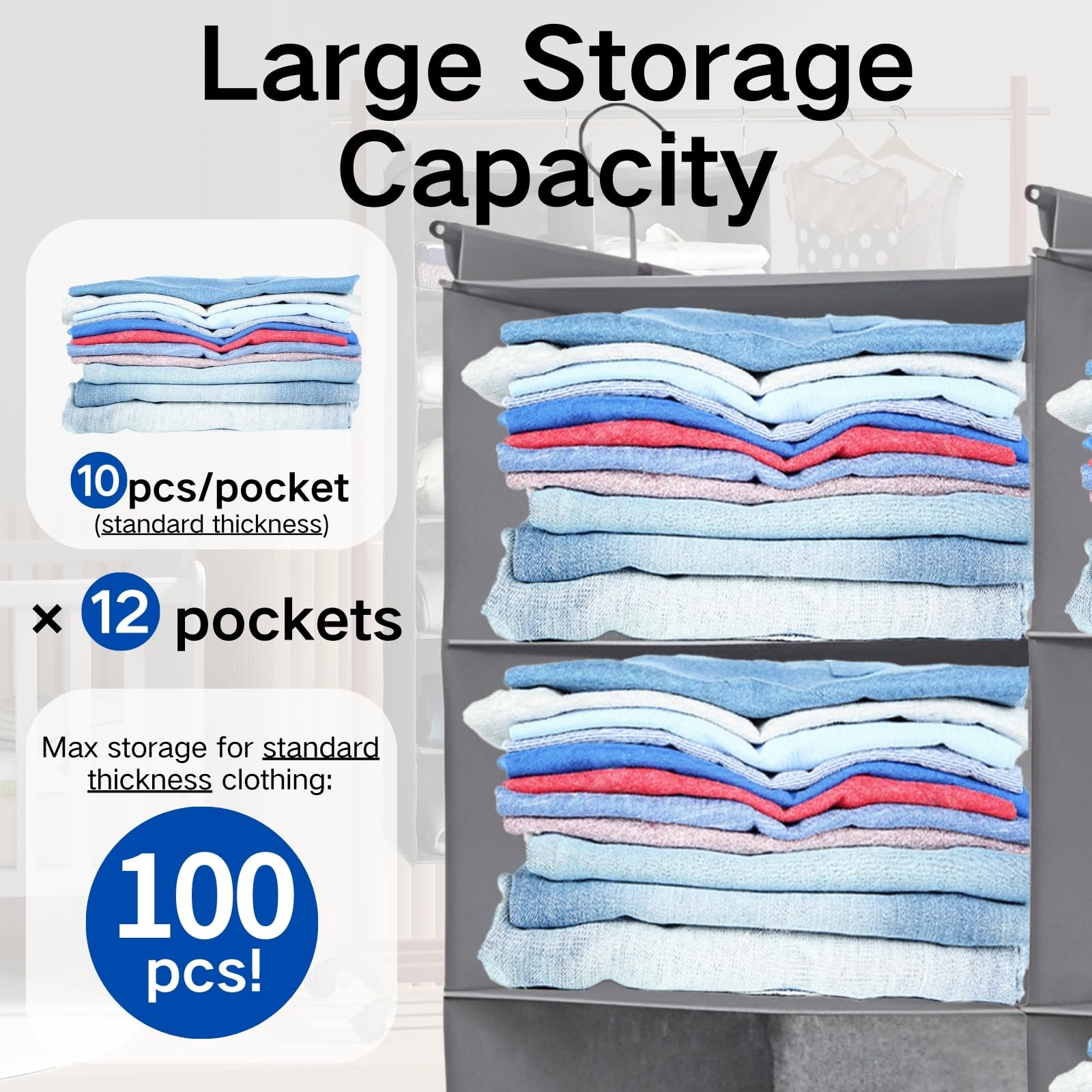 Alltidyup Dual-Row 6 Tier Shelf Hanging Closet Organizer And Storage, 12 Pockets Clothes Storage Shelves With 3 Sturdy Hooks For