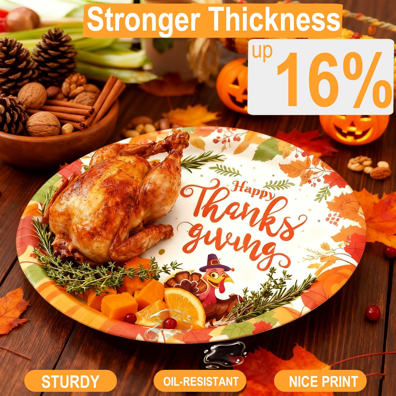Thanksgiving Banner and 127pcs Party Paper Plate set, with Turkey Tablecloth and Napkins, Disposable Plates Dinnerware for 25 Gu