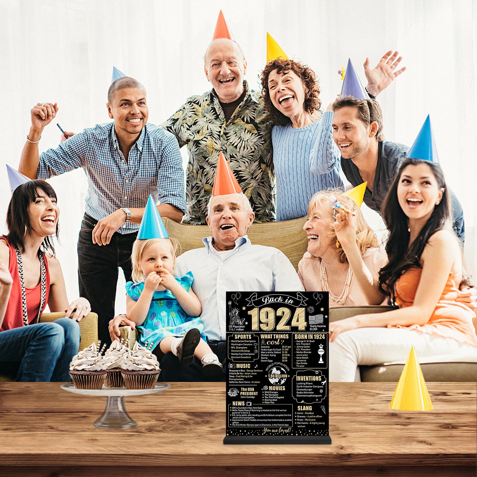Eiurteao 100Th Birthday Decorations Back In 1924 Table Sign For Men Women, Black Gold Happy 100 Bday Two-Sided Wooden Table Post
