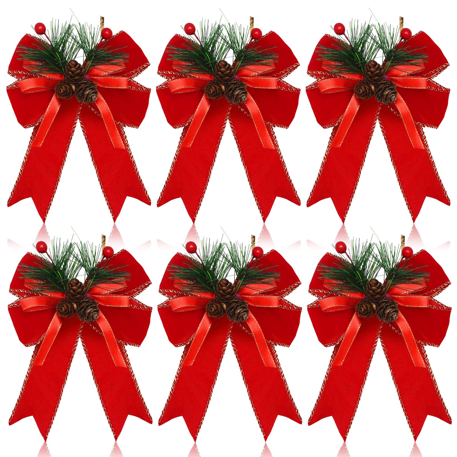 Syhood 6 Pcs Christmas Bows with Pine Cones Pine Needles Xmas Velvet Bows Red Ribbon Christmas Tree Wreath Decoration for Xmas P