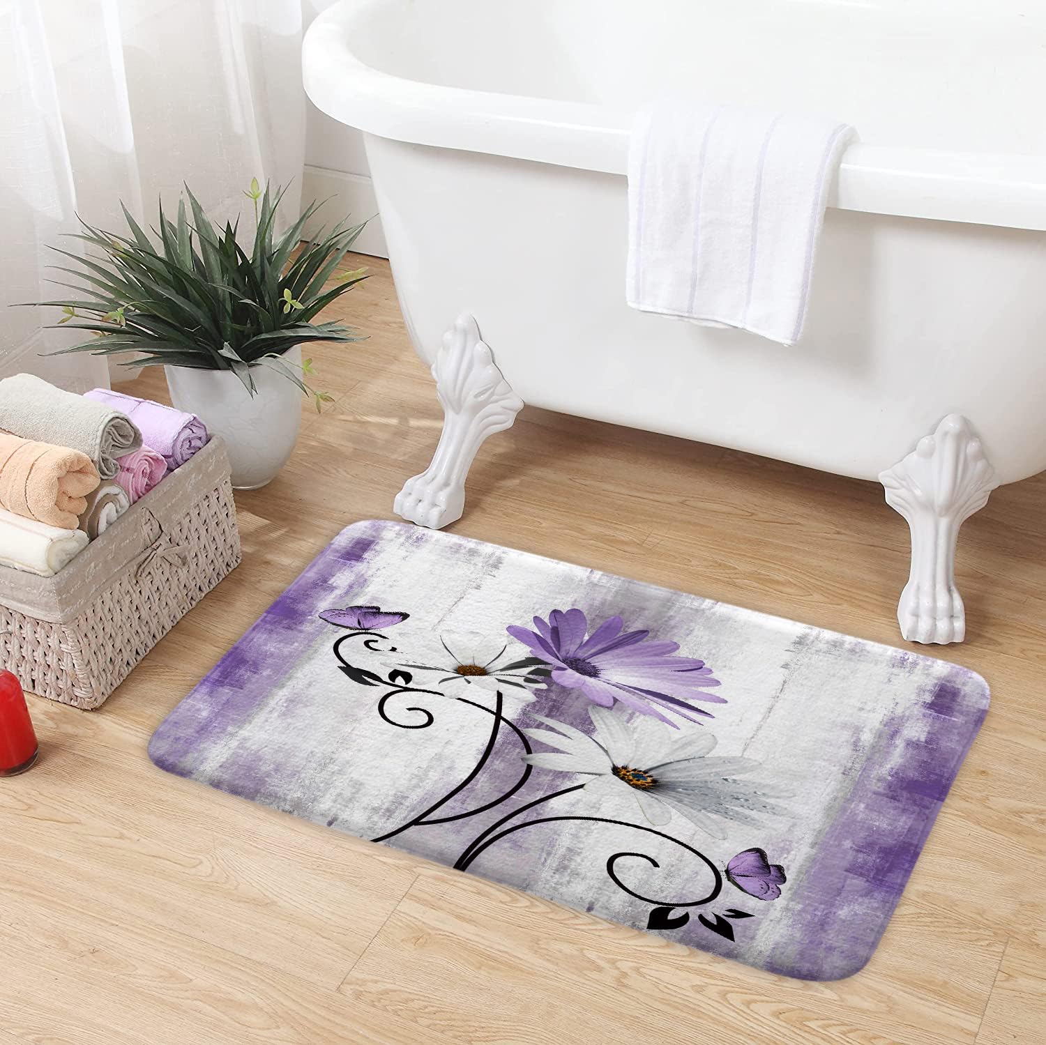 Veivian Rustic Farmhouse Bath Mat, Farm Purple Daisy Floral Flowers Butterfly Country Wooden Bath Rug For Bathroom, Grey White B