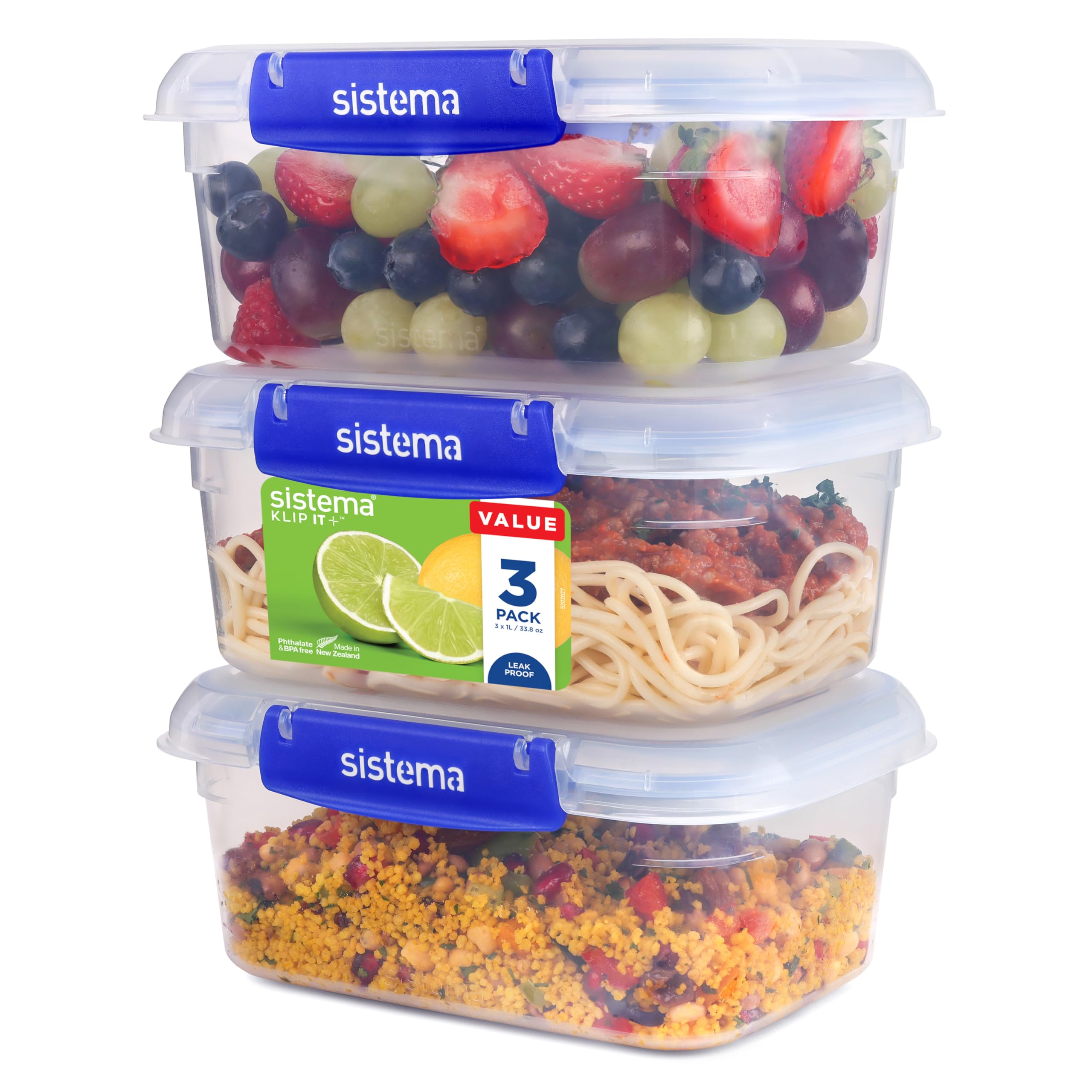 Sistema KLIP IT PLUS Leakproof Food Storage Containers | 1 L | Airtight & Stackable Meal Prep Containers with Lids | BPA-Free | 