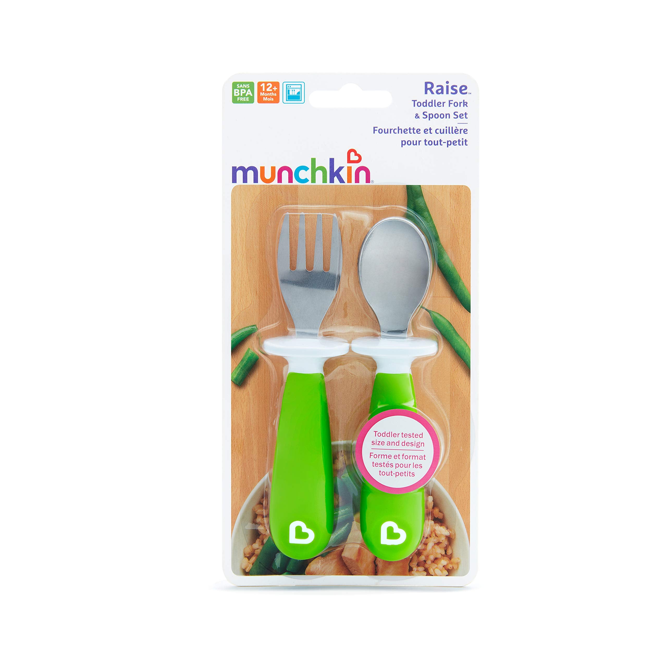 Munchkin Raise Toddler Fork and Spoon Utensil Set, Rest Keeps Tip Off Table, BPA Free, 2 Pack, Bright Pink