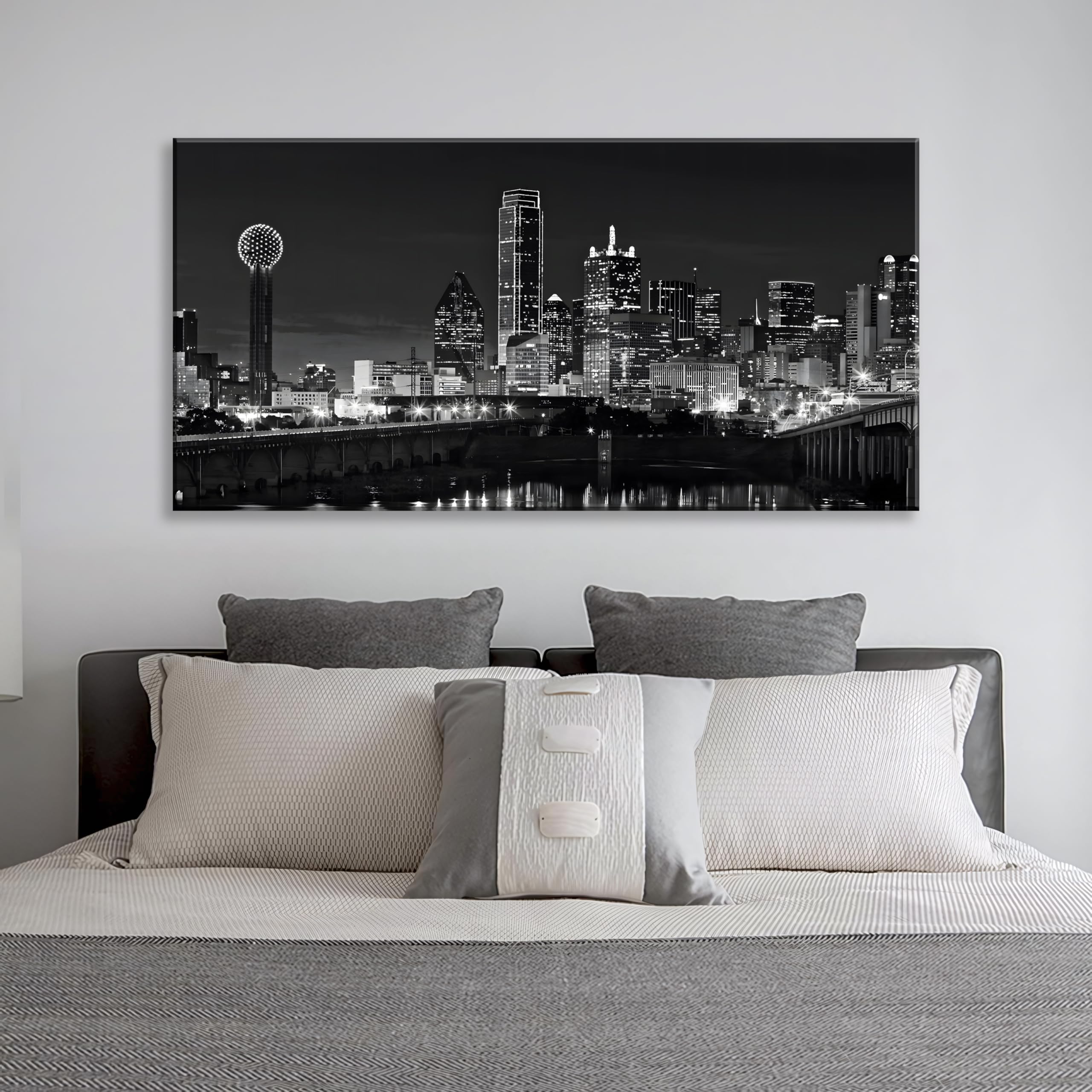 Nan Wind 1 Pcs Dallas Skyline Canvas Wall Art Black White Cityscape Night Scene Modern City Giclee Prints On Canvas Framed Urban