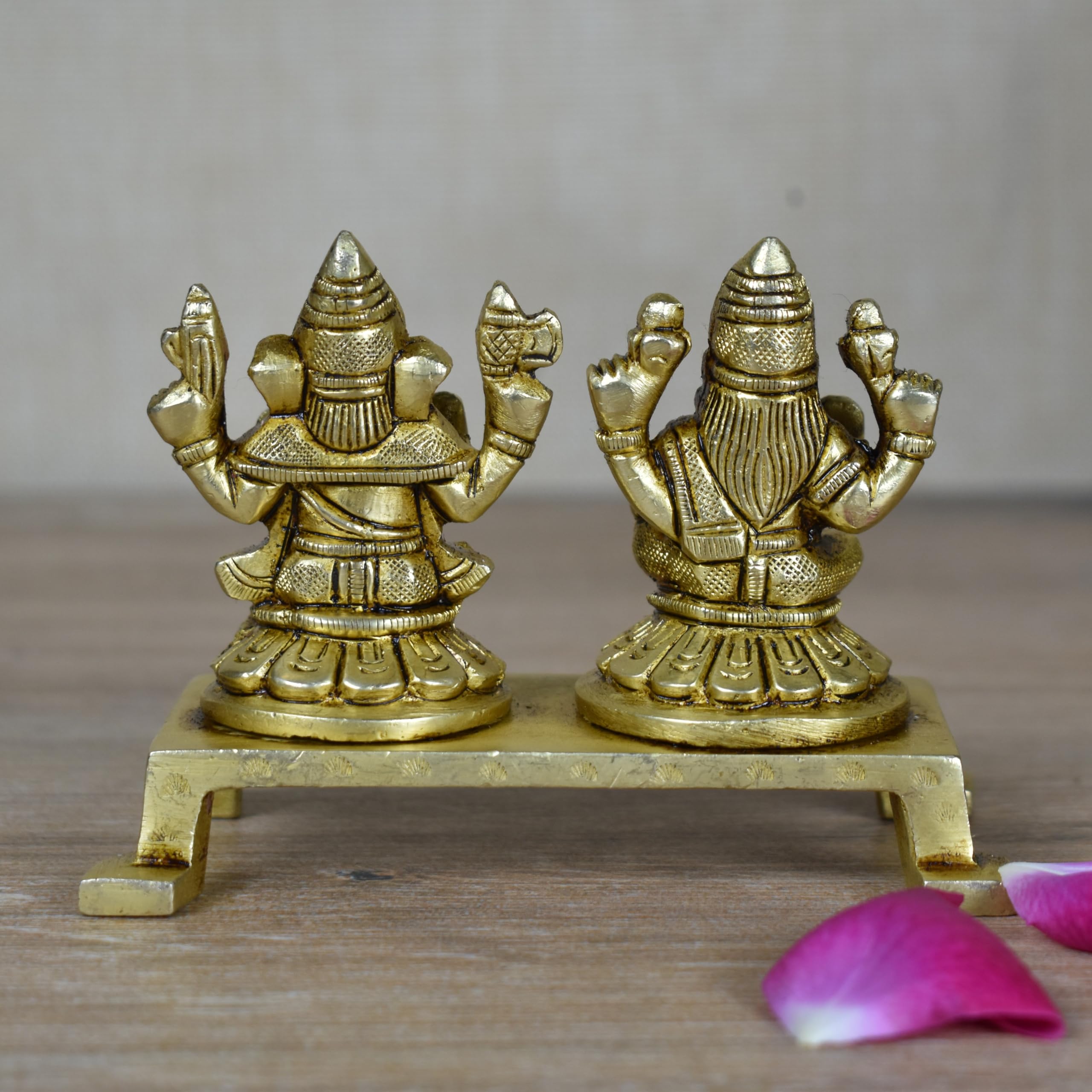 Vintage Gulley Brass Laxmi Ganesh Idol Set With Chowki Stand, Peetal Ganesha Lakshmi Paoti For Diwali Puja, Study Table, Pooja R